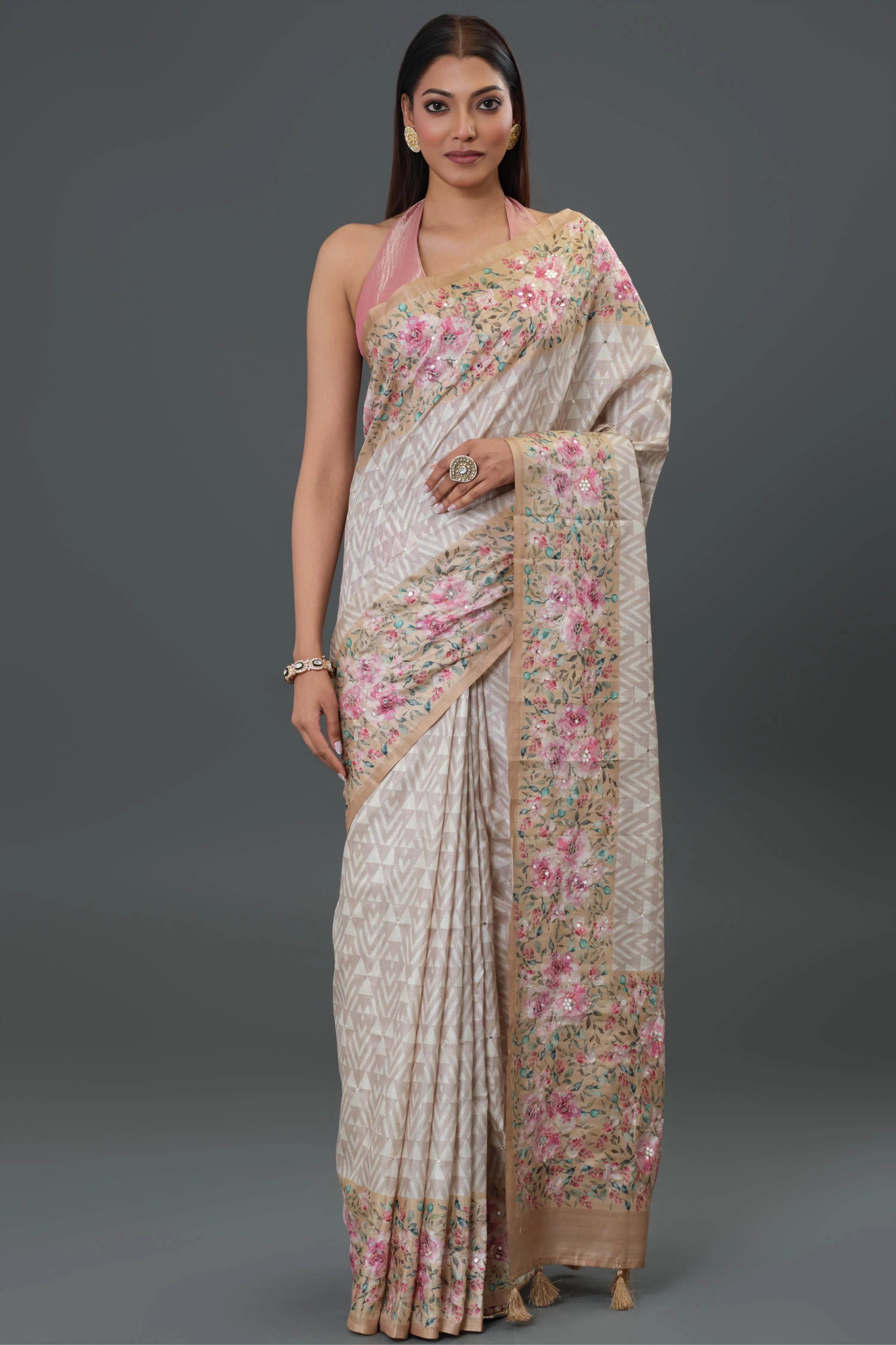 Ivory Floral Printed Tussar Silk Saree - Image 2