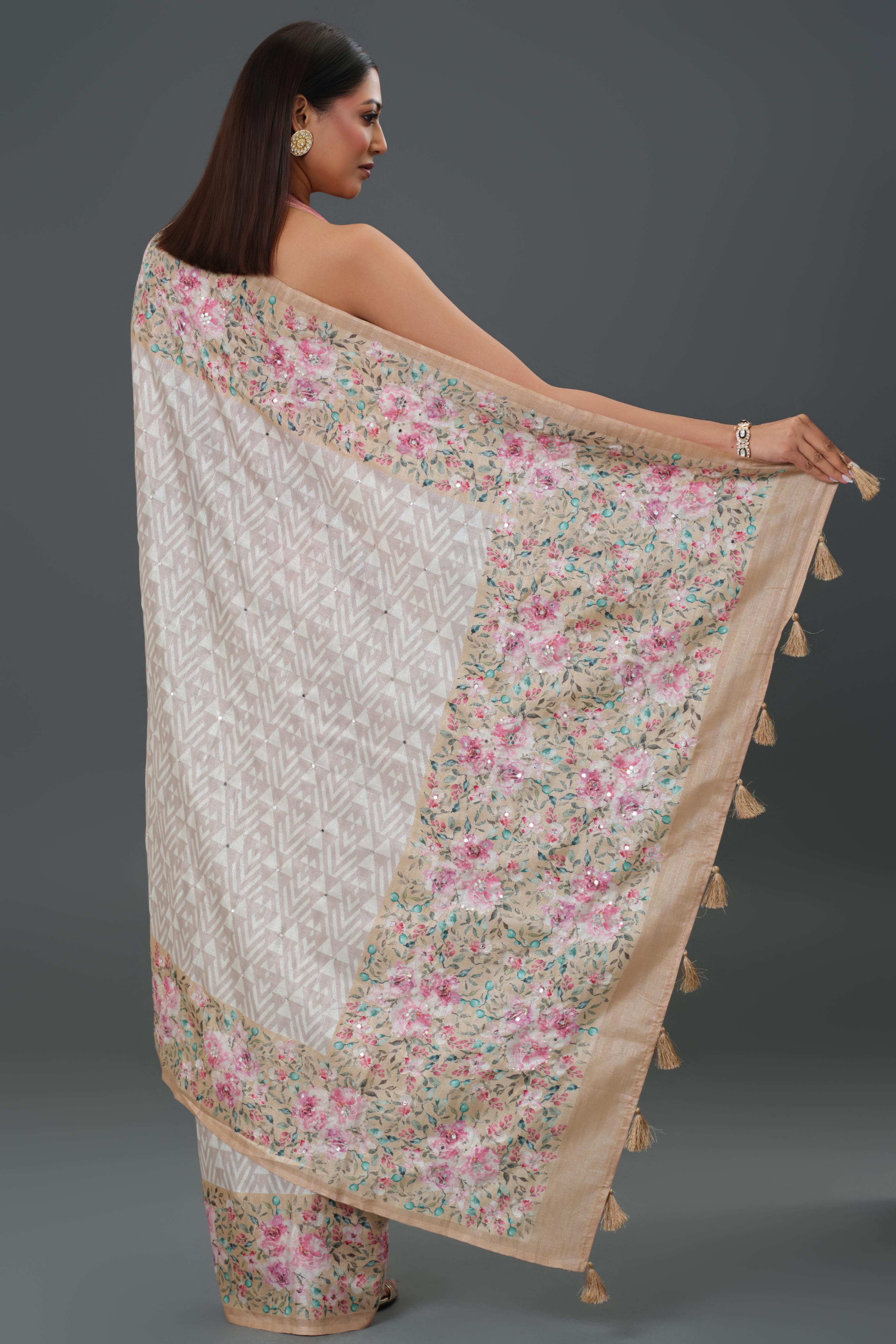 Ivory Floral Printed Tussar Silk Saree - Image 3