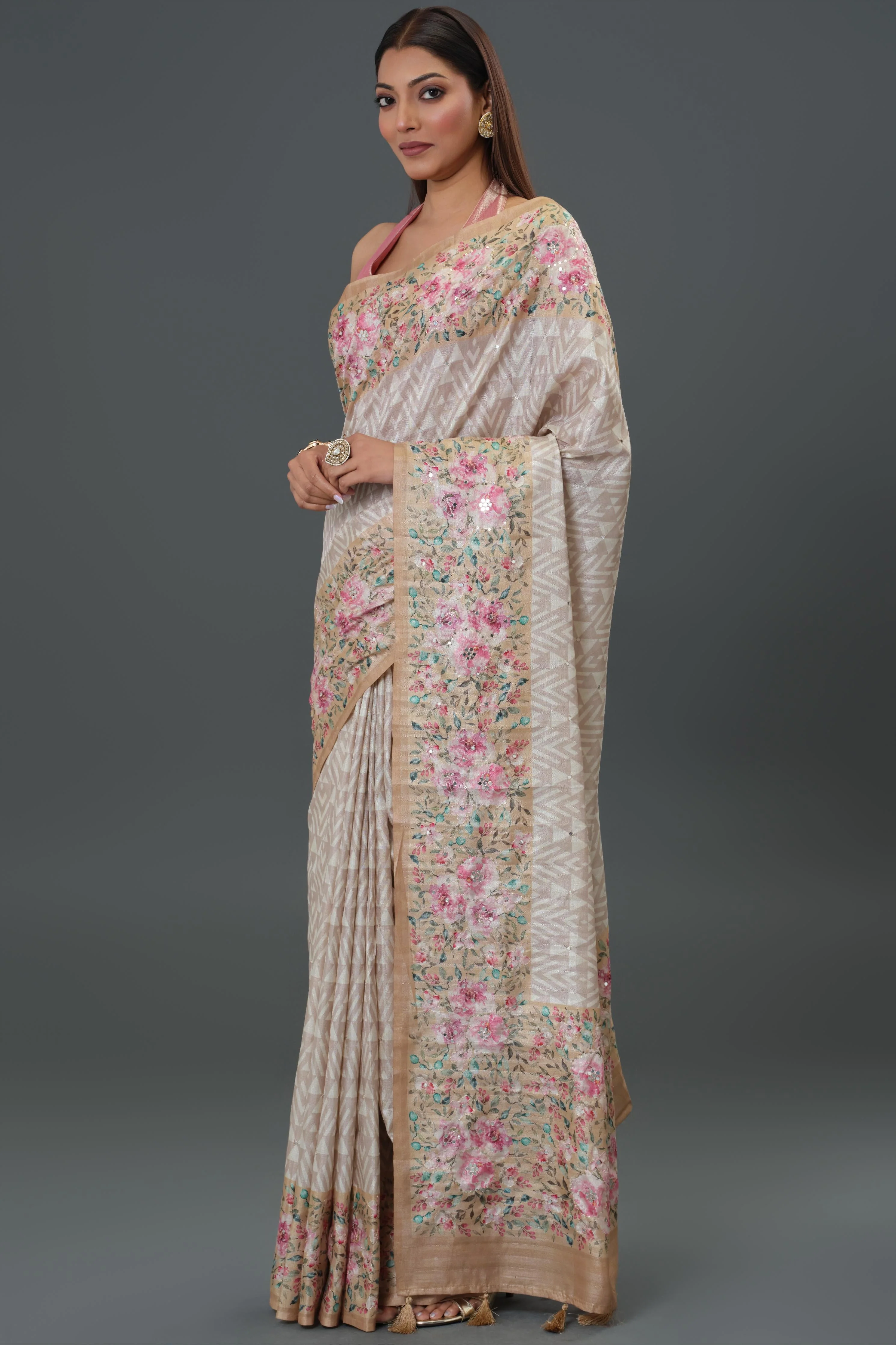 Ivory Floral Printed Tussar Silk Saree - Image 5