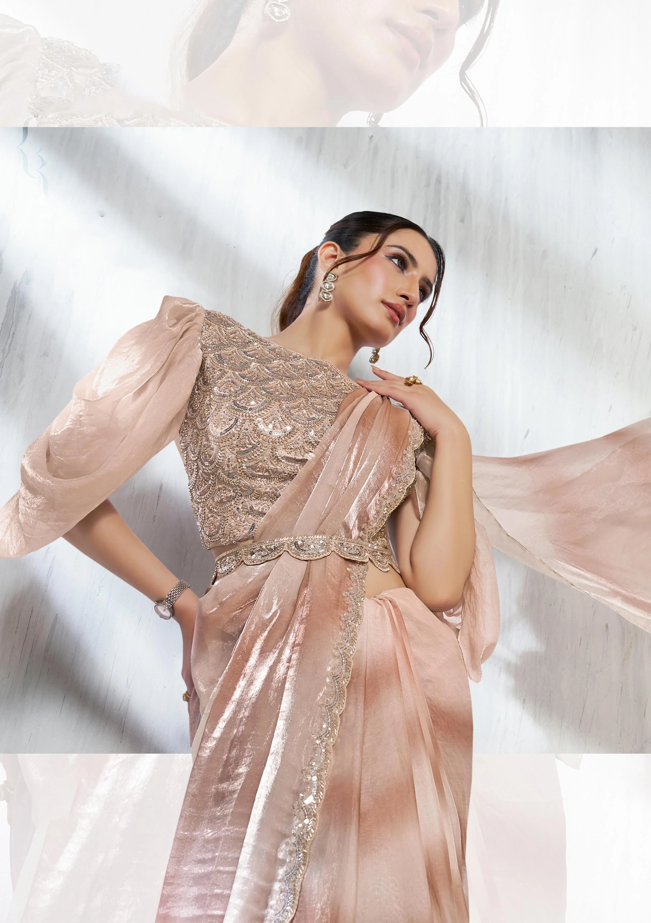 Tusser Radiance Satin Silk Saree with Shaded Lehariya - Image 3