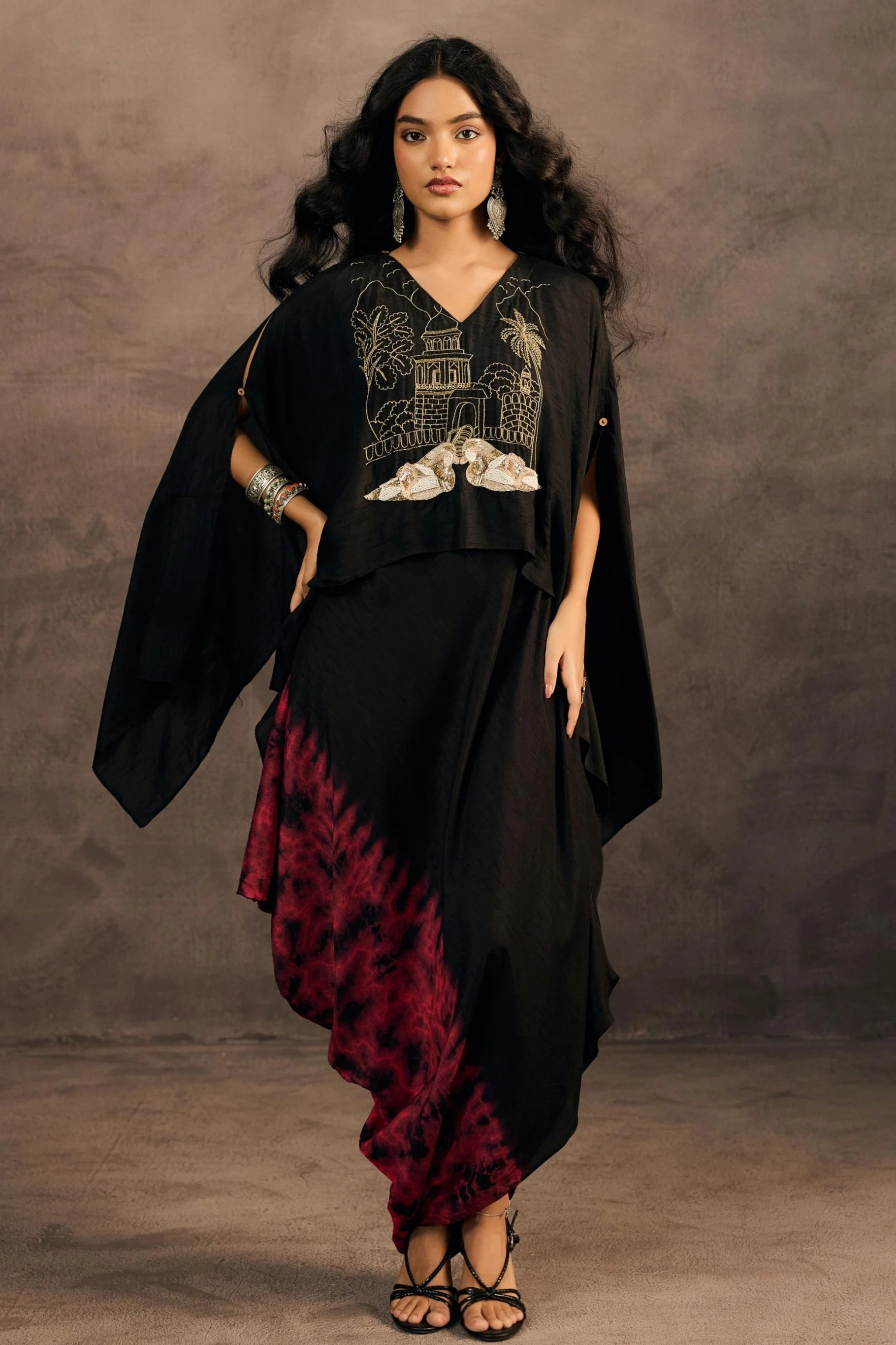 Twilight Black Embellished Raw Silk Kaftan Set - Image 3