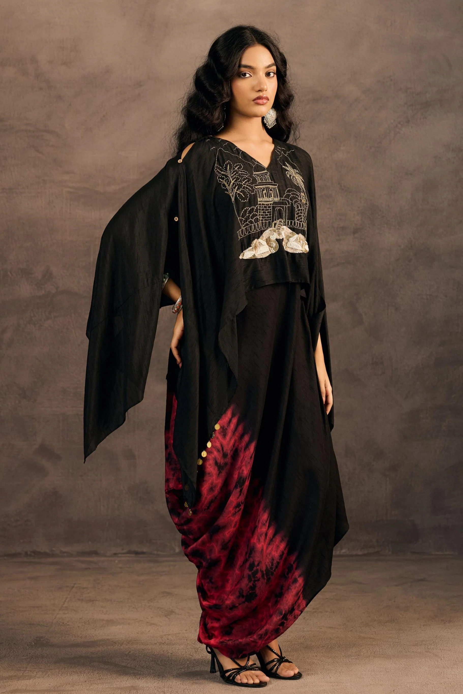 Twilight Black Embellished Raw Silk Kaftan Set - Image 4