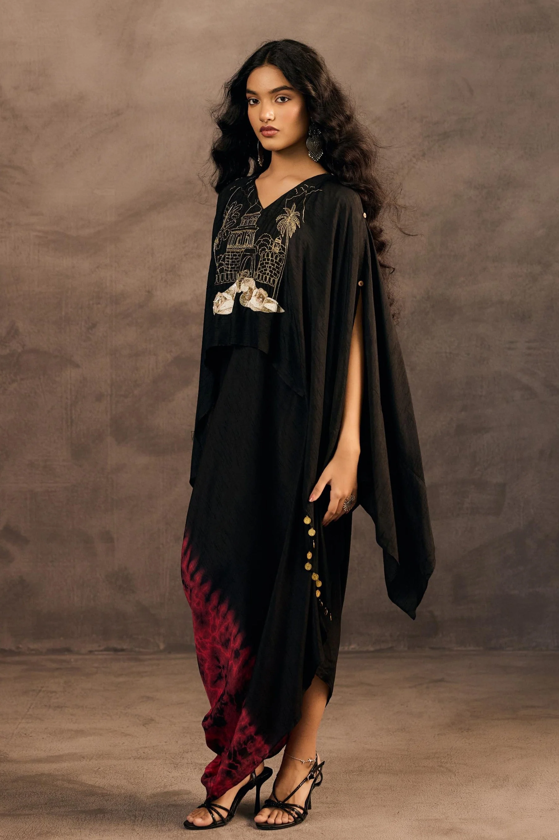 Twilight Black Embellished Raw Silk Kaftan Set - Image 5