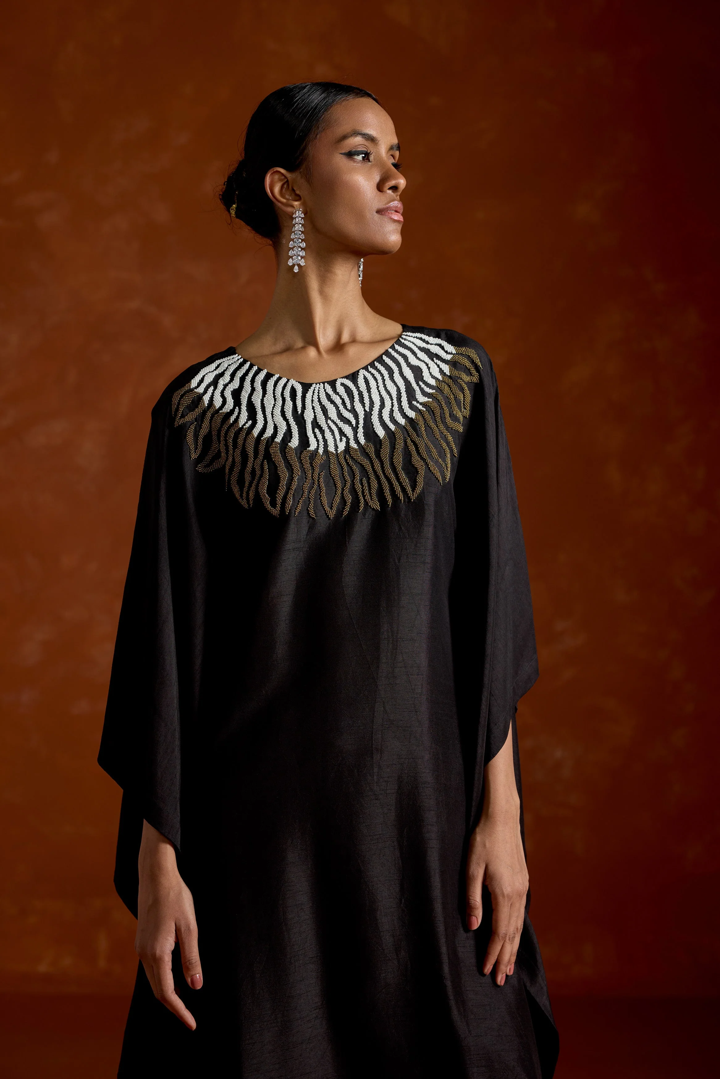 Twilight Black Embellished Raw Silk Kaftan Set - Image 3