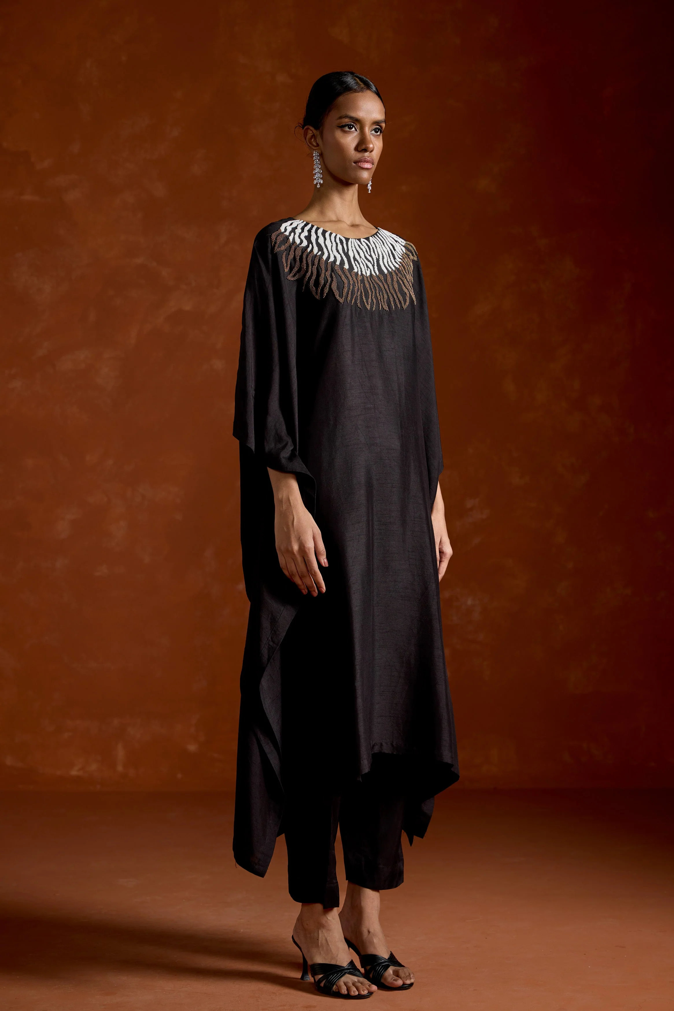 Twilight Black Embellished Raw Silk Kaftan Set - Image 4