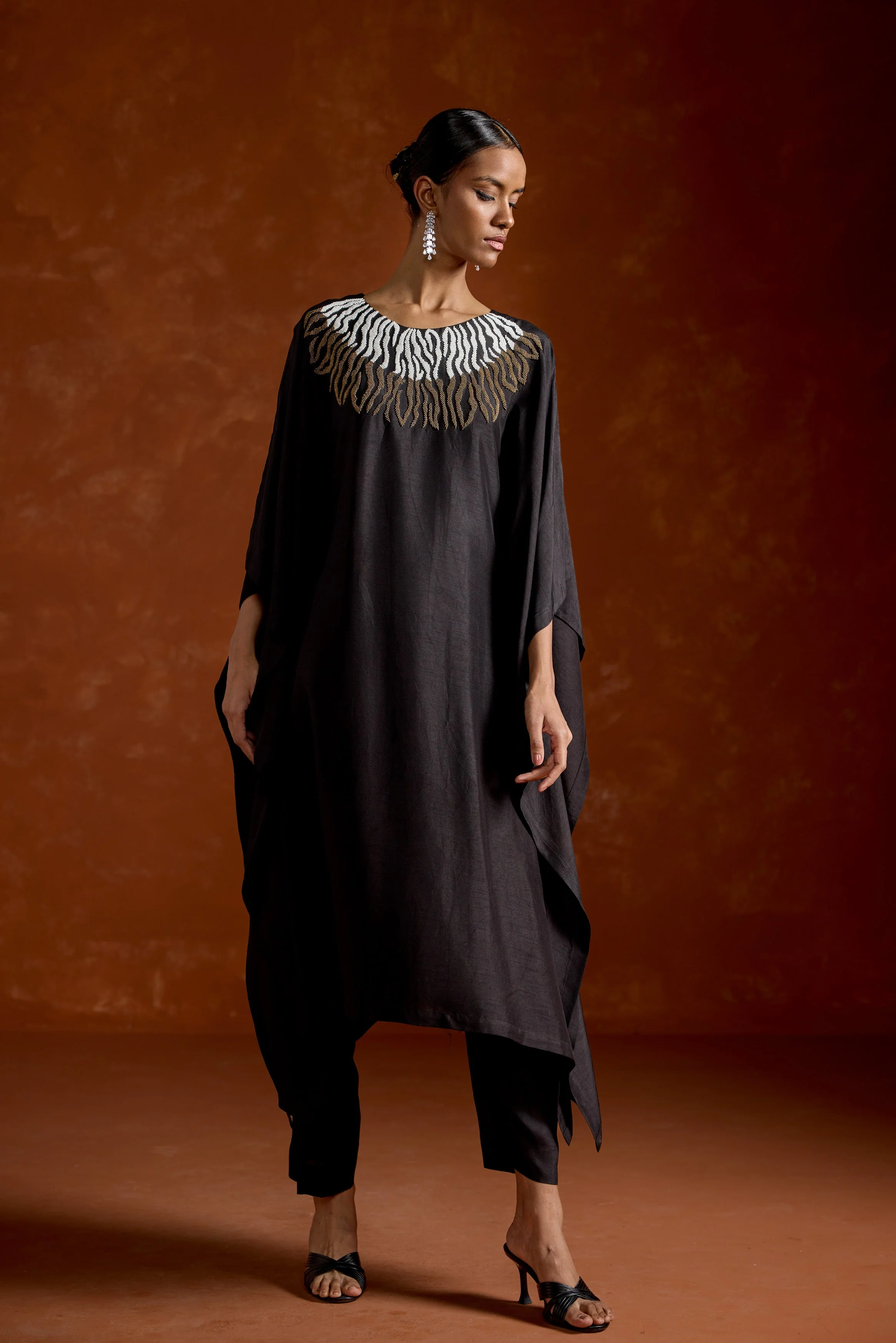 Twilight Black Embellished Raw Silk Kaftan Set - Image 5