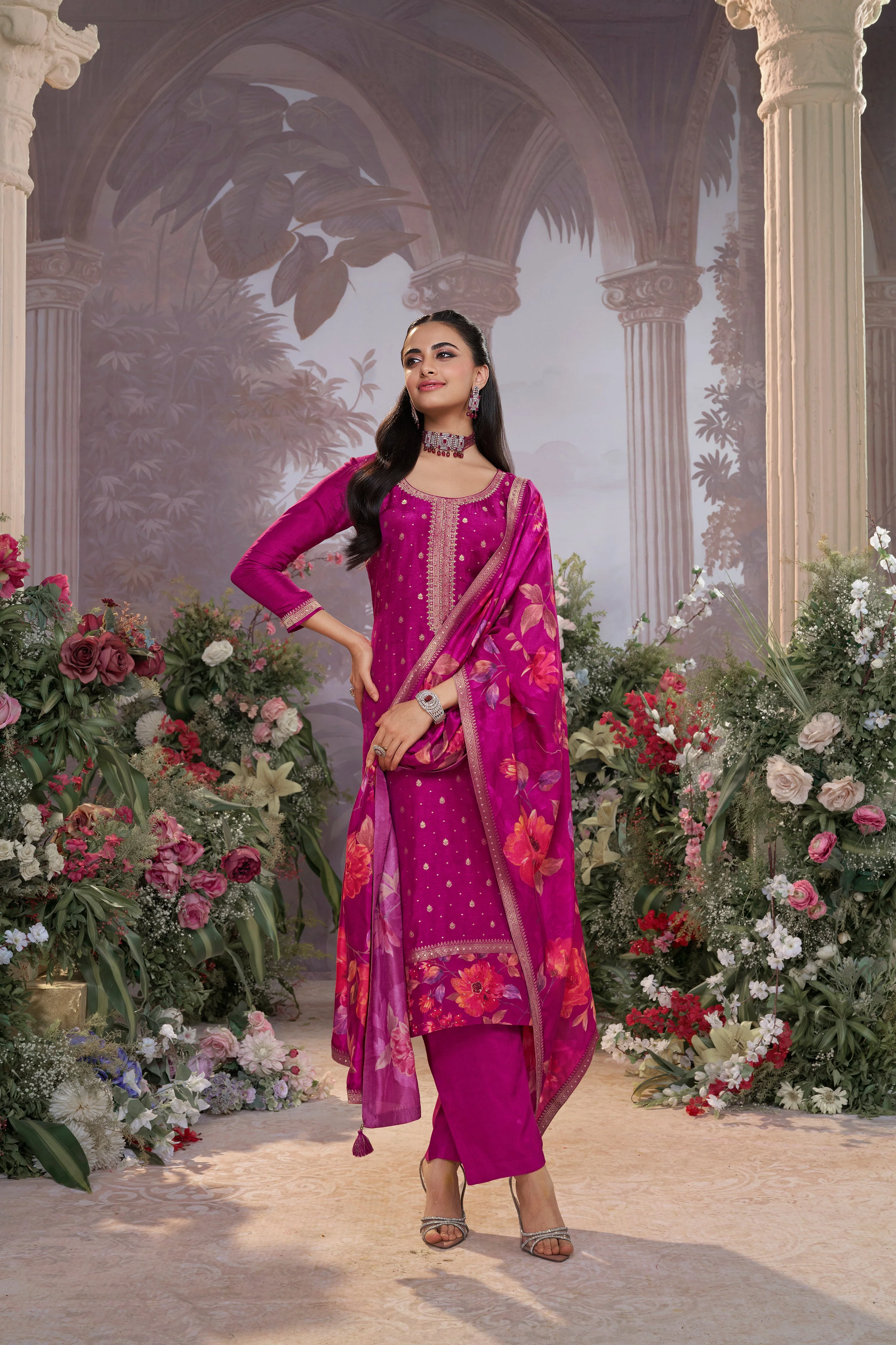 Dark Purple Embellished Premium Silk Pant Set - Image 3