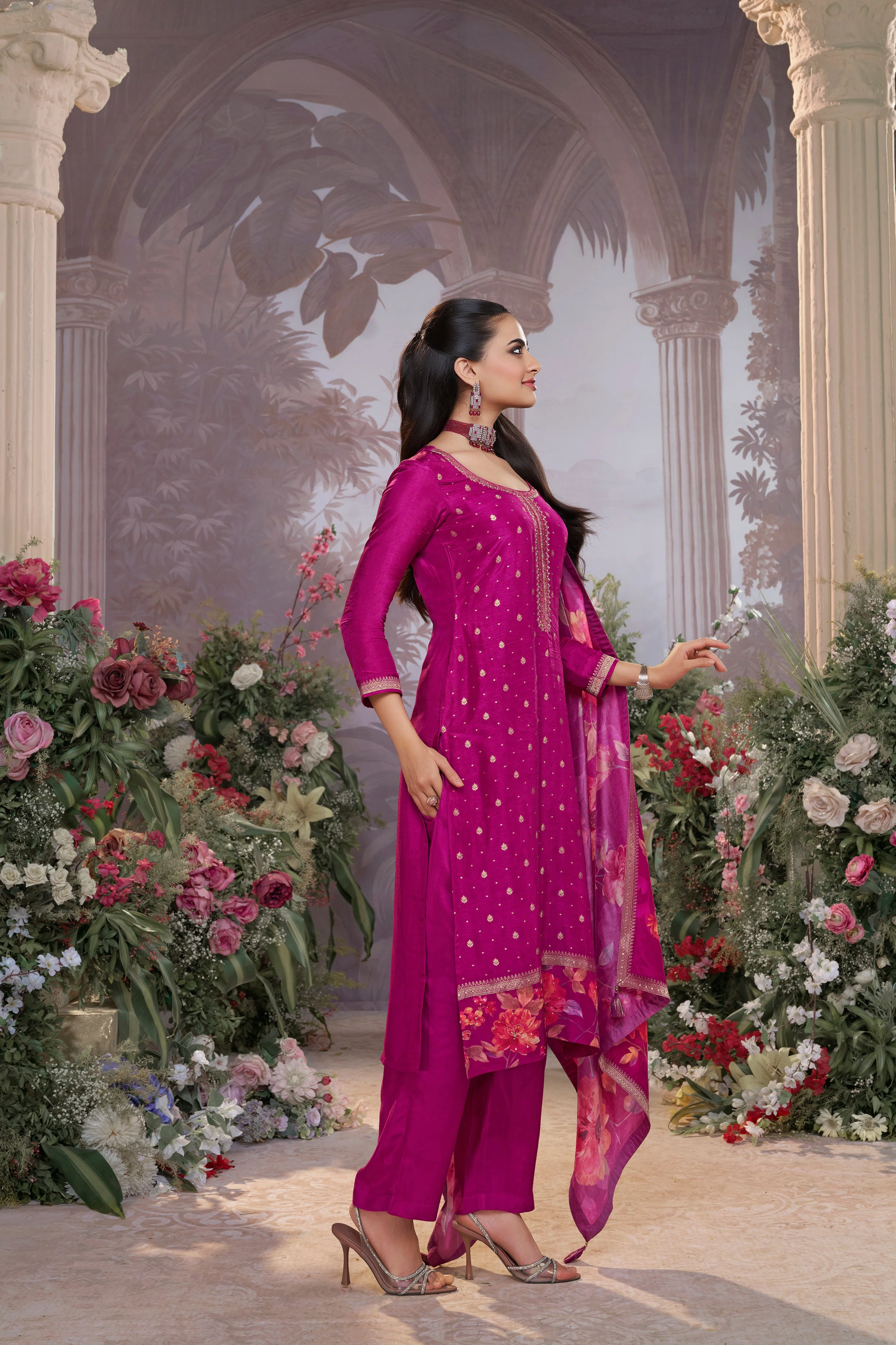 Dark Purple Embellished Premium Silk Pant Set - Image 4