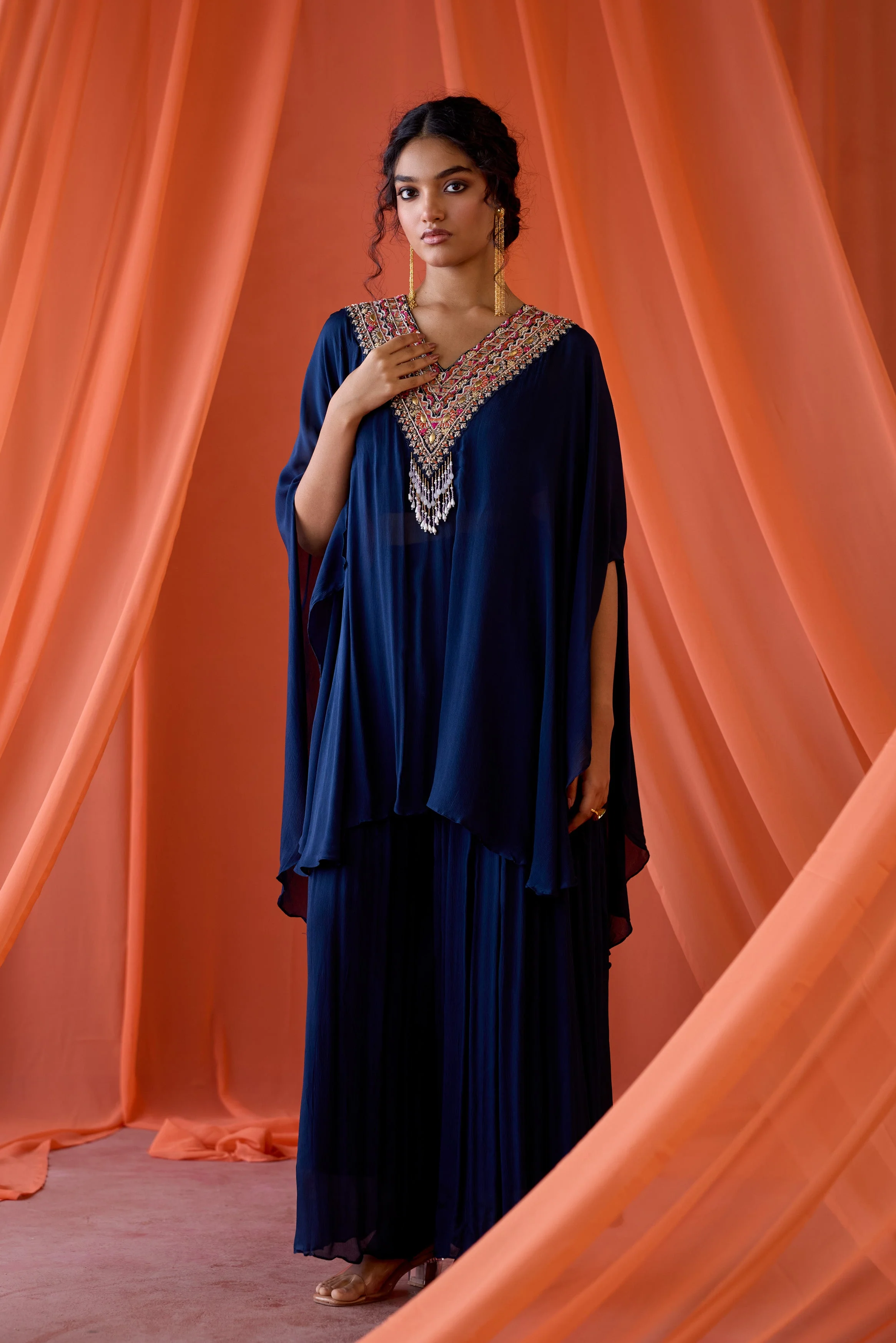 Midnight Blue Embellished Chinon Silk Kaftan Set
