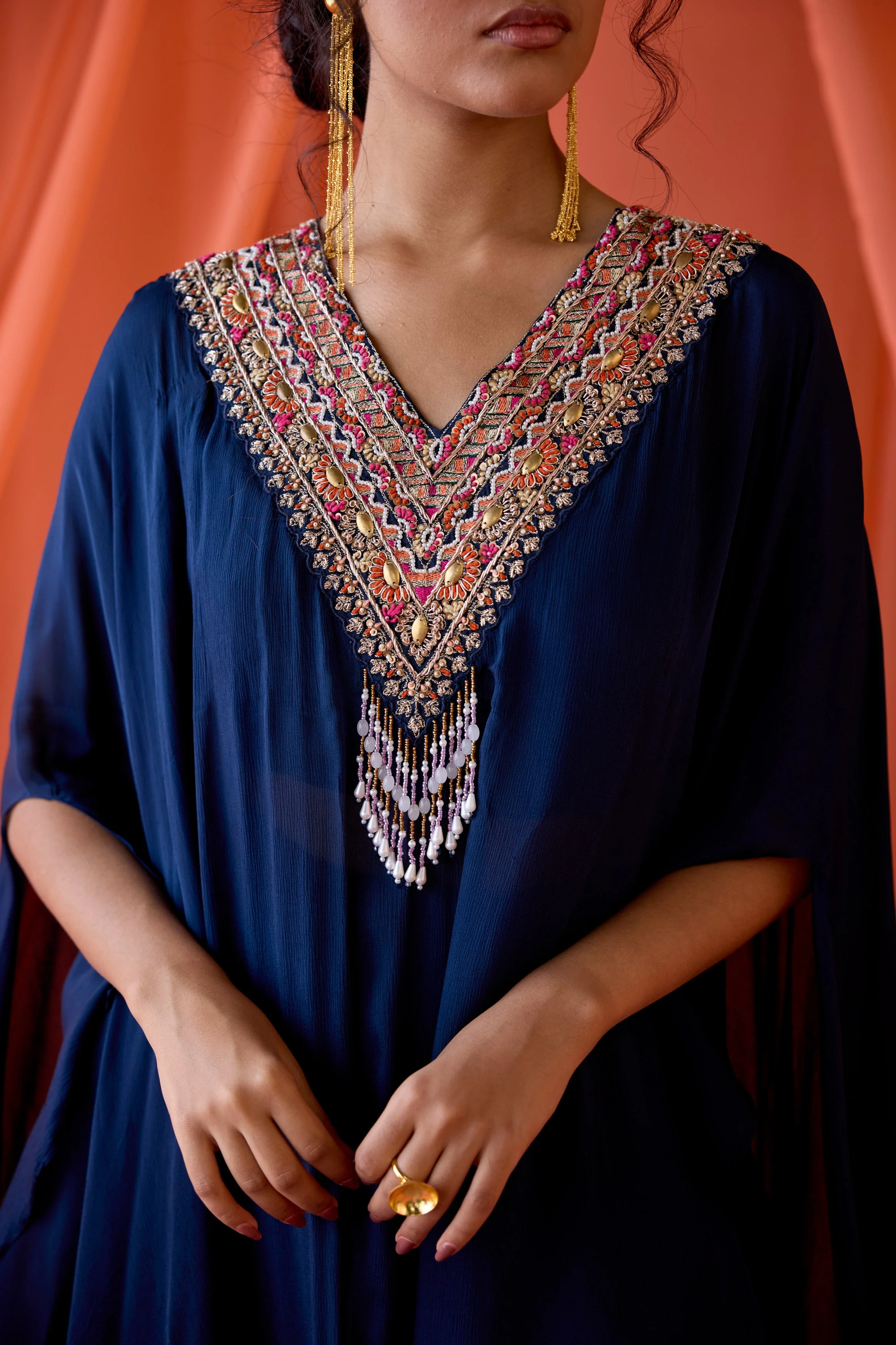 Midnight Blue Embellished Chinon Silk Kaftan Set - Image 2