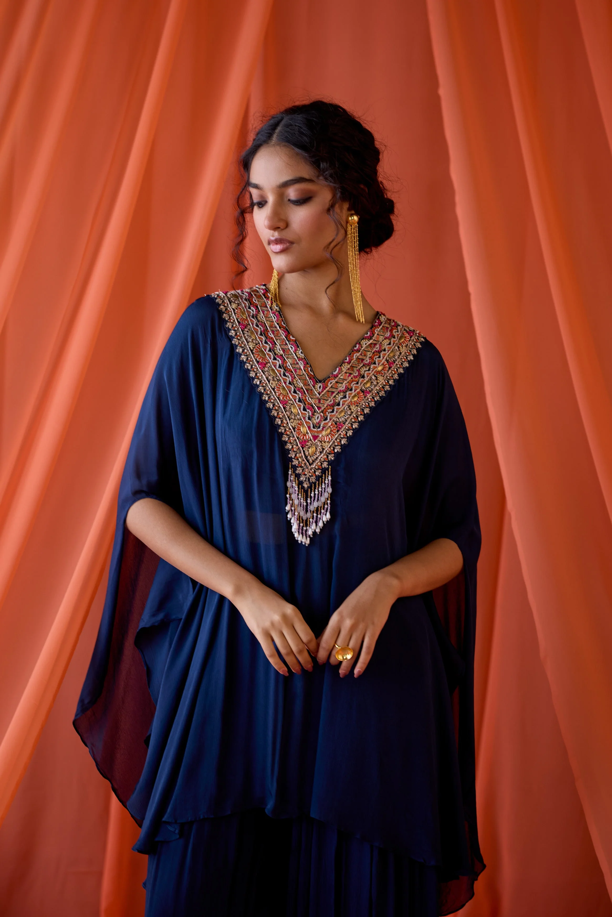 Midnight Blue Embellished Chinon Silk Kaftan Set - Image 3