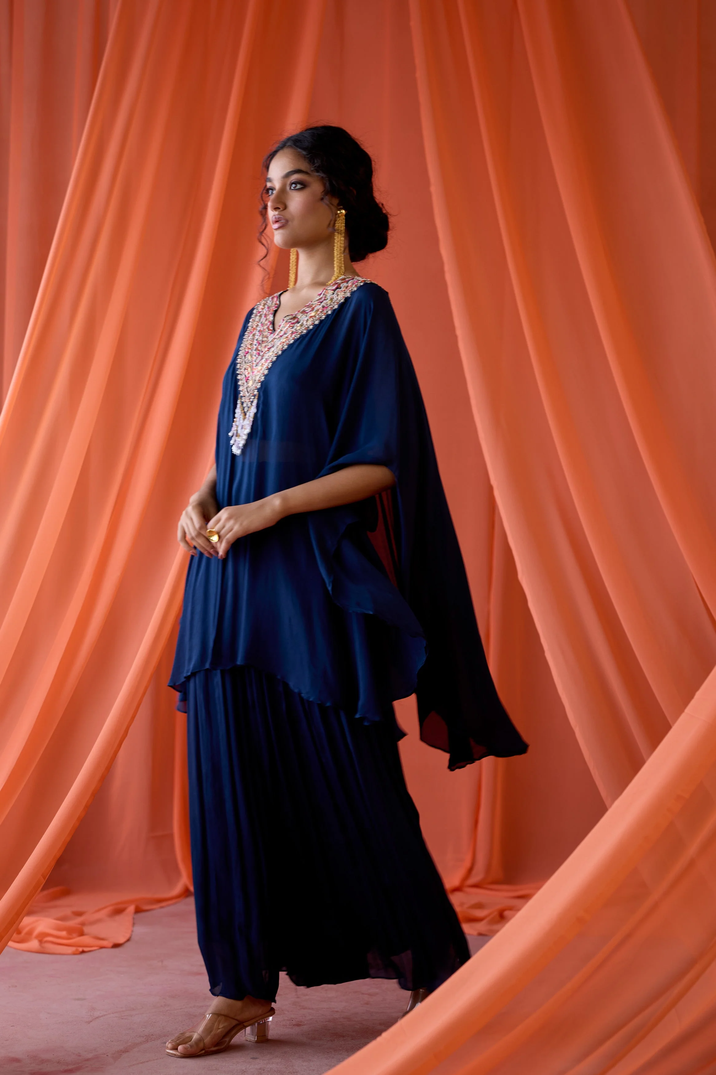 Midnight Blue Embellished Chinon Silk Kaftan Set - Image 4