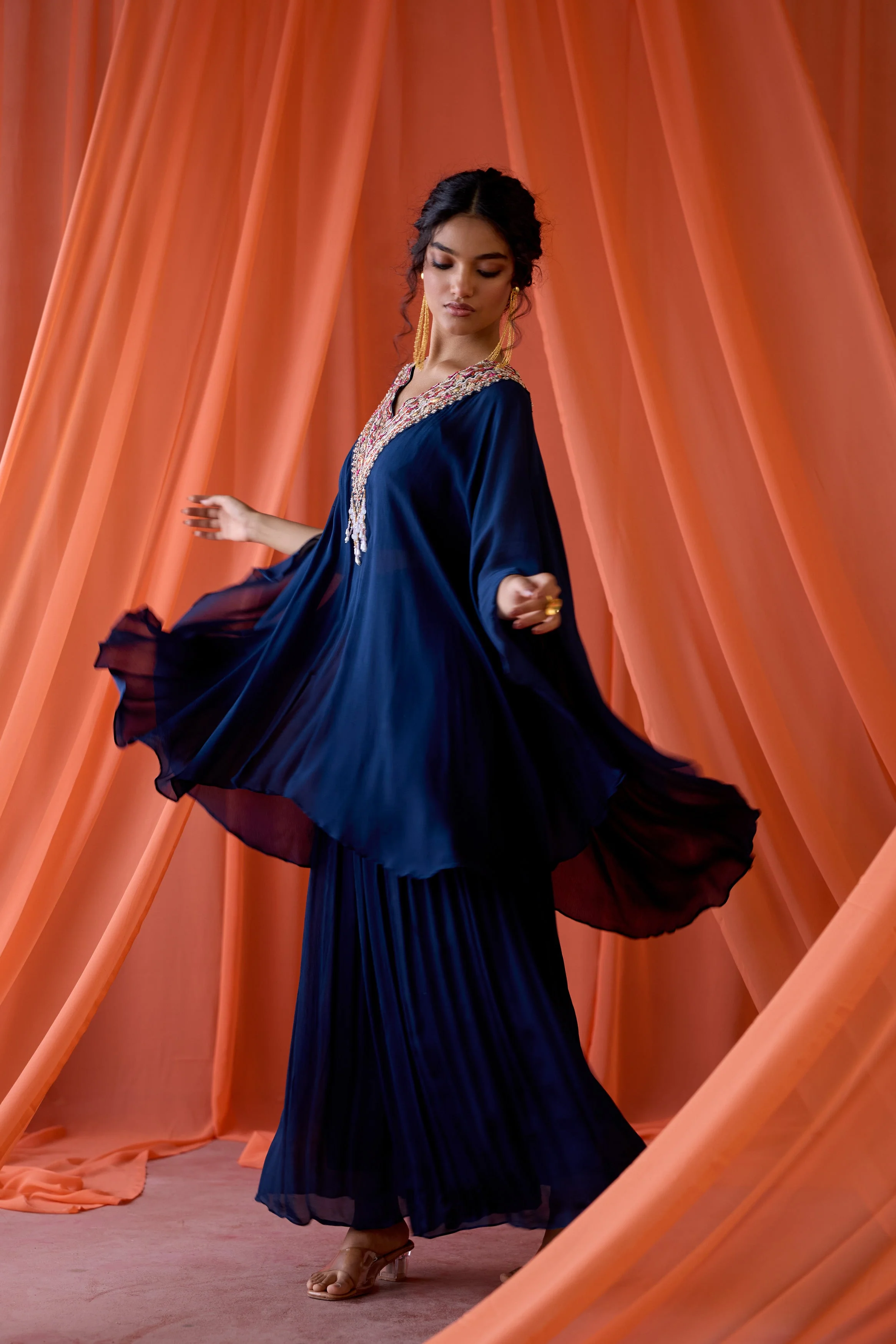 Midnight Blue Embellished Chinon Silk Kaftan Set - Image 5