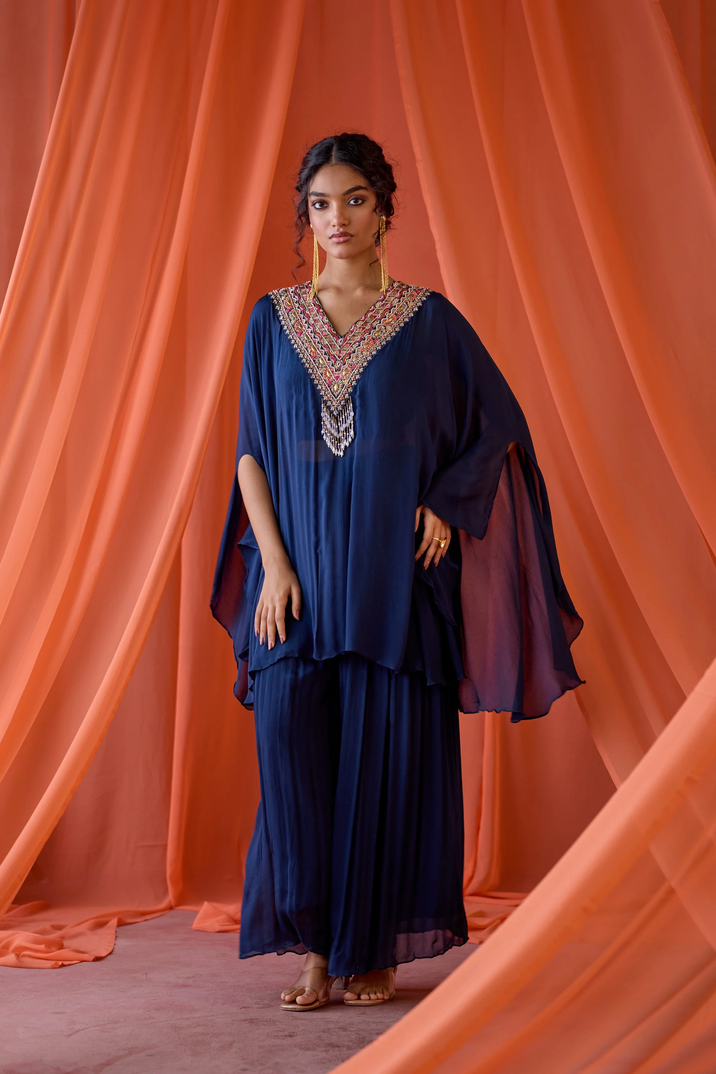 Midnight Blue Embellished Chinon Silk Kaftan Set - Image 6