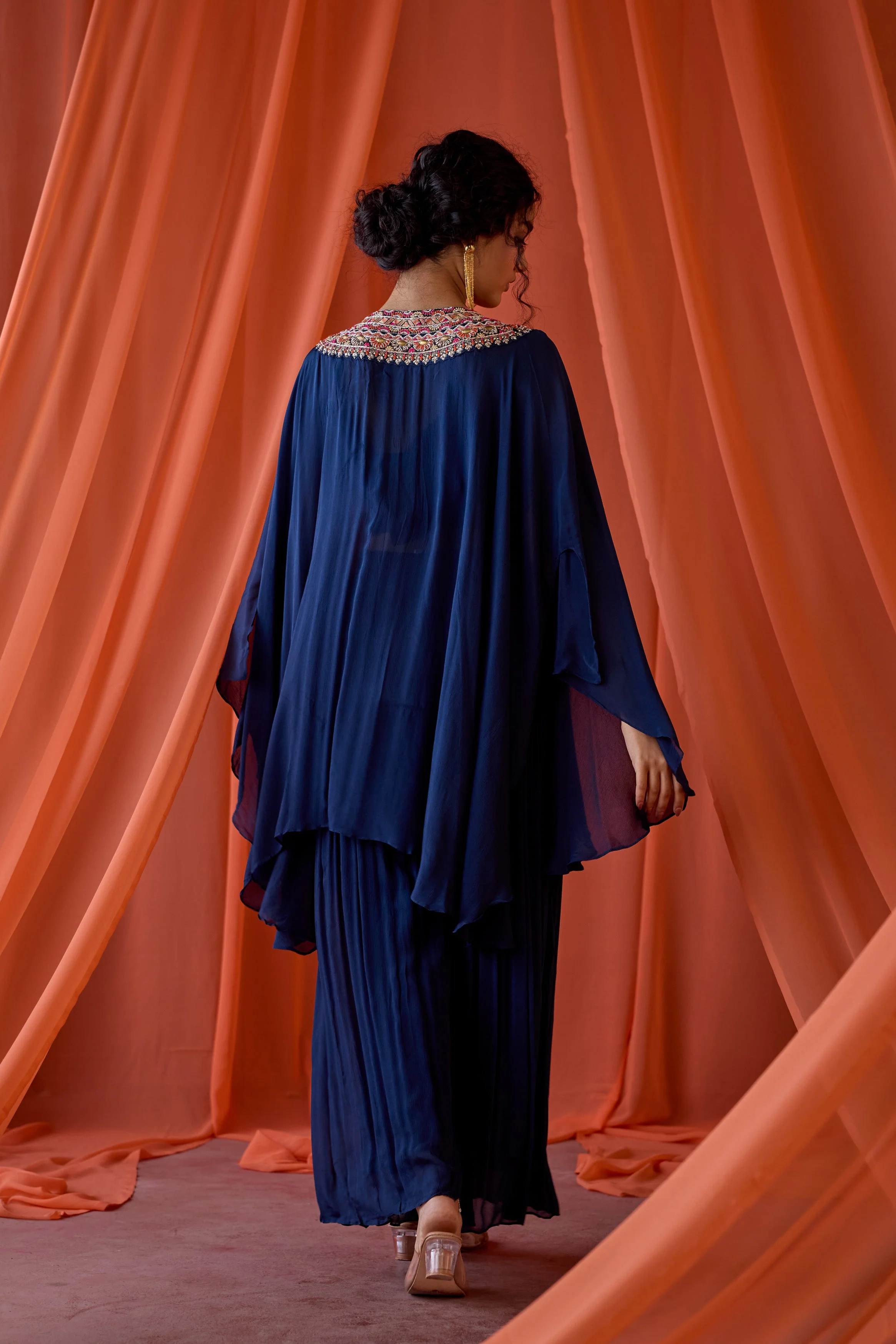 Midnight Blue Embellished Chinon Silk Kaftan Set - Image 7