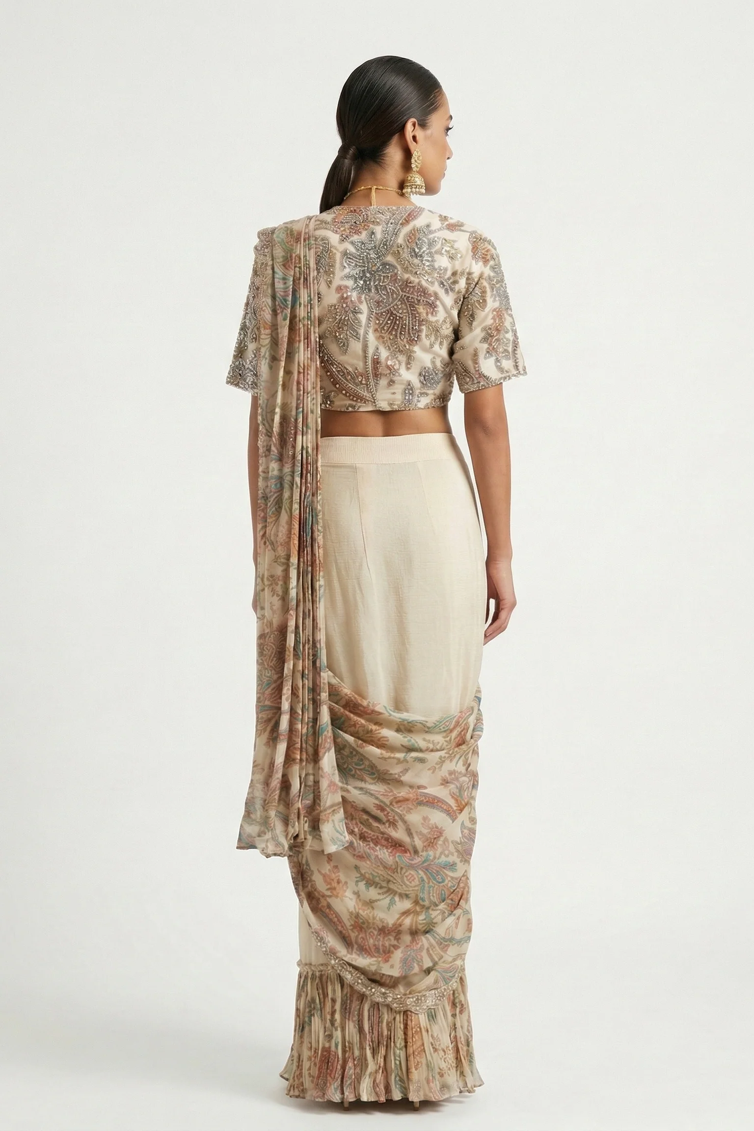 Vanilla Cream Embellished Crushed Silk Draped Saree - Image 2