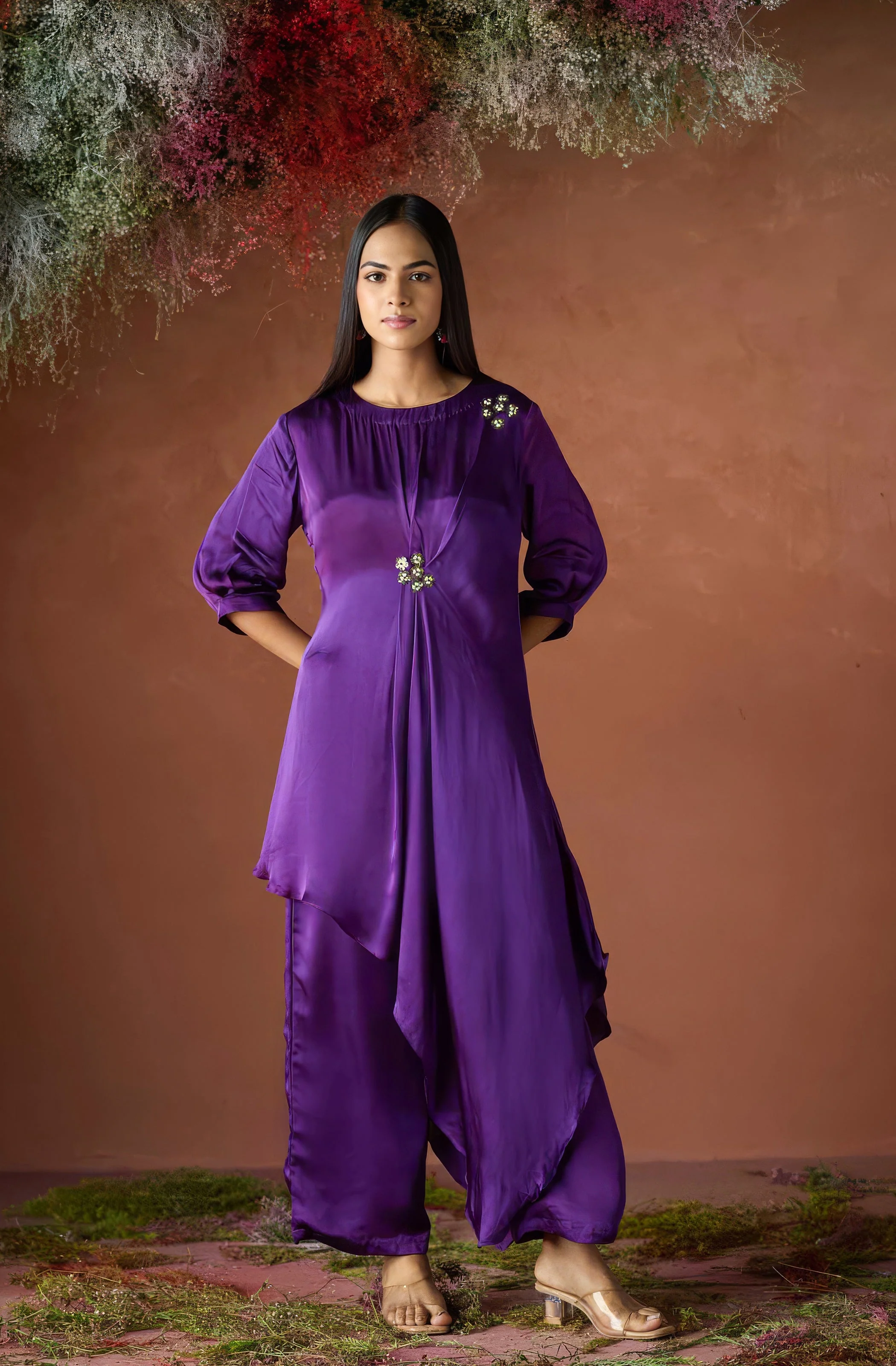 Velvet Purple Embellished Satin Silk Kurta Set