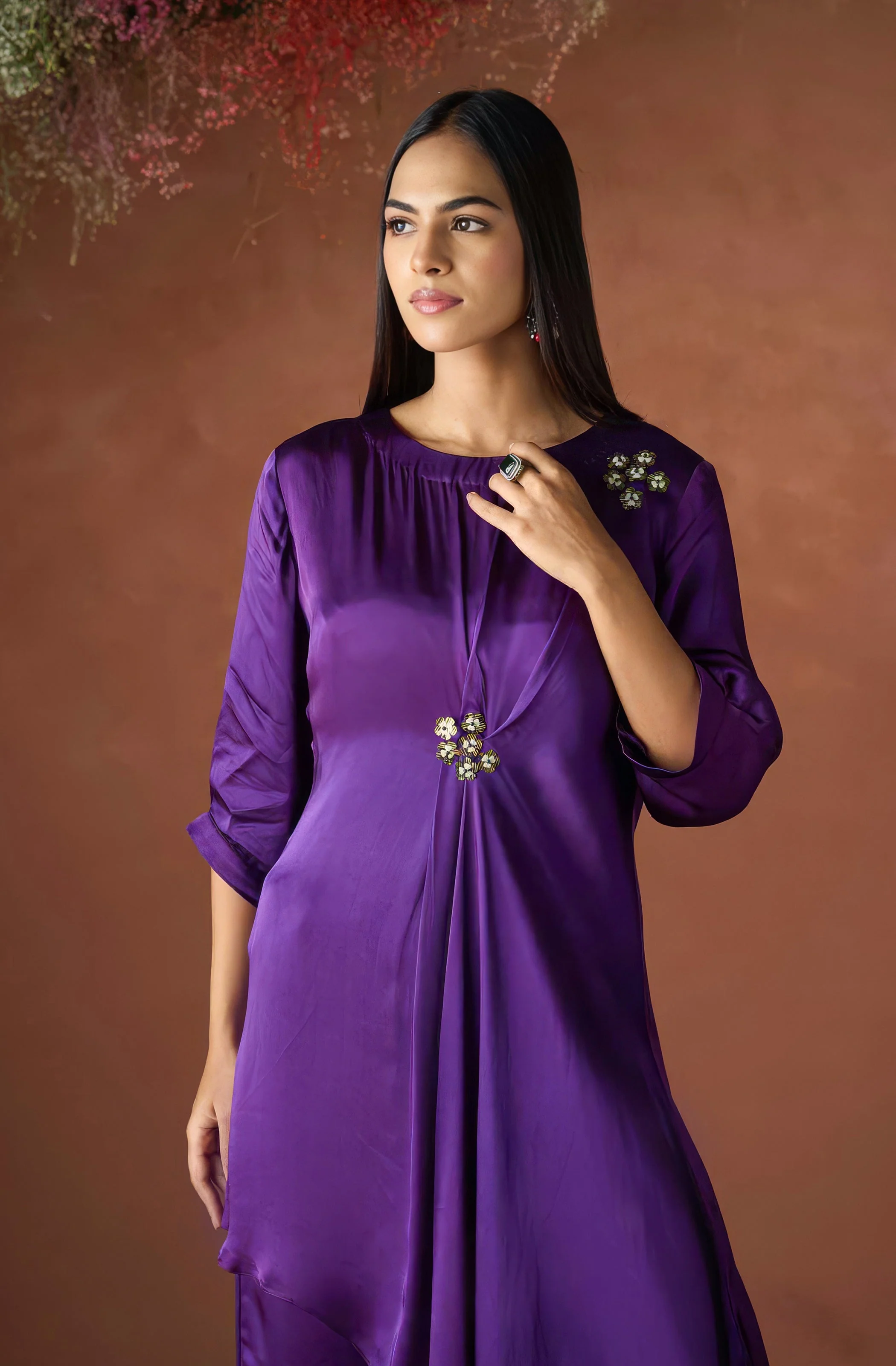 Velvet Purple Embellished Satin Silk Kurta Set - Image 3