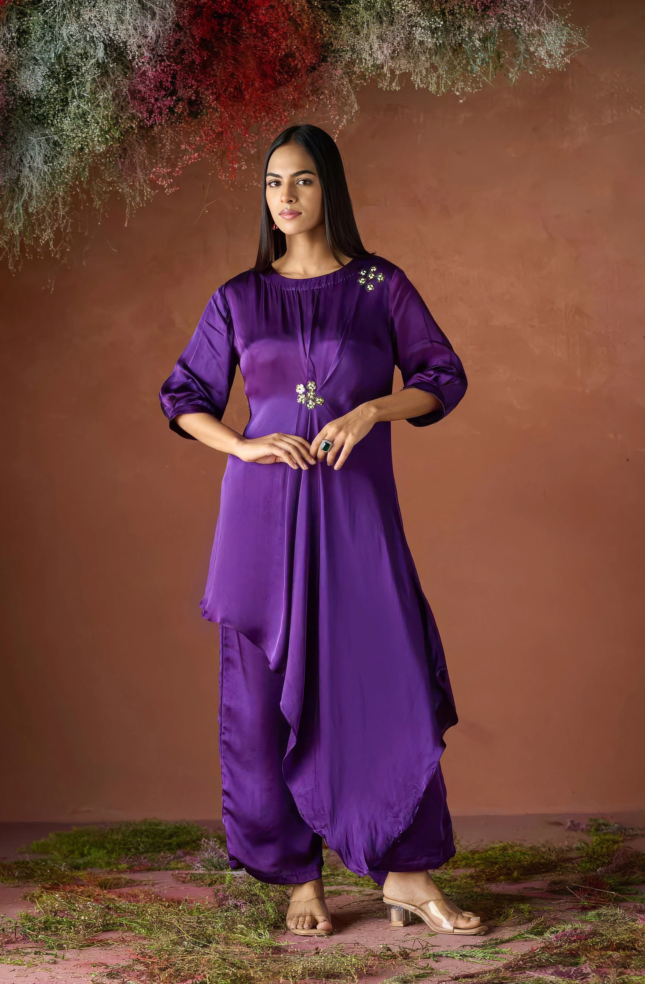 Velvet Purple Embellished Satin Silk Kurta Set - Image 4
