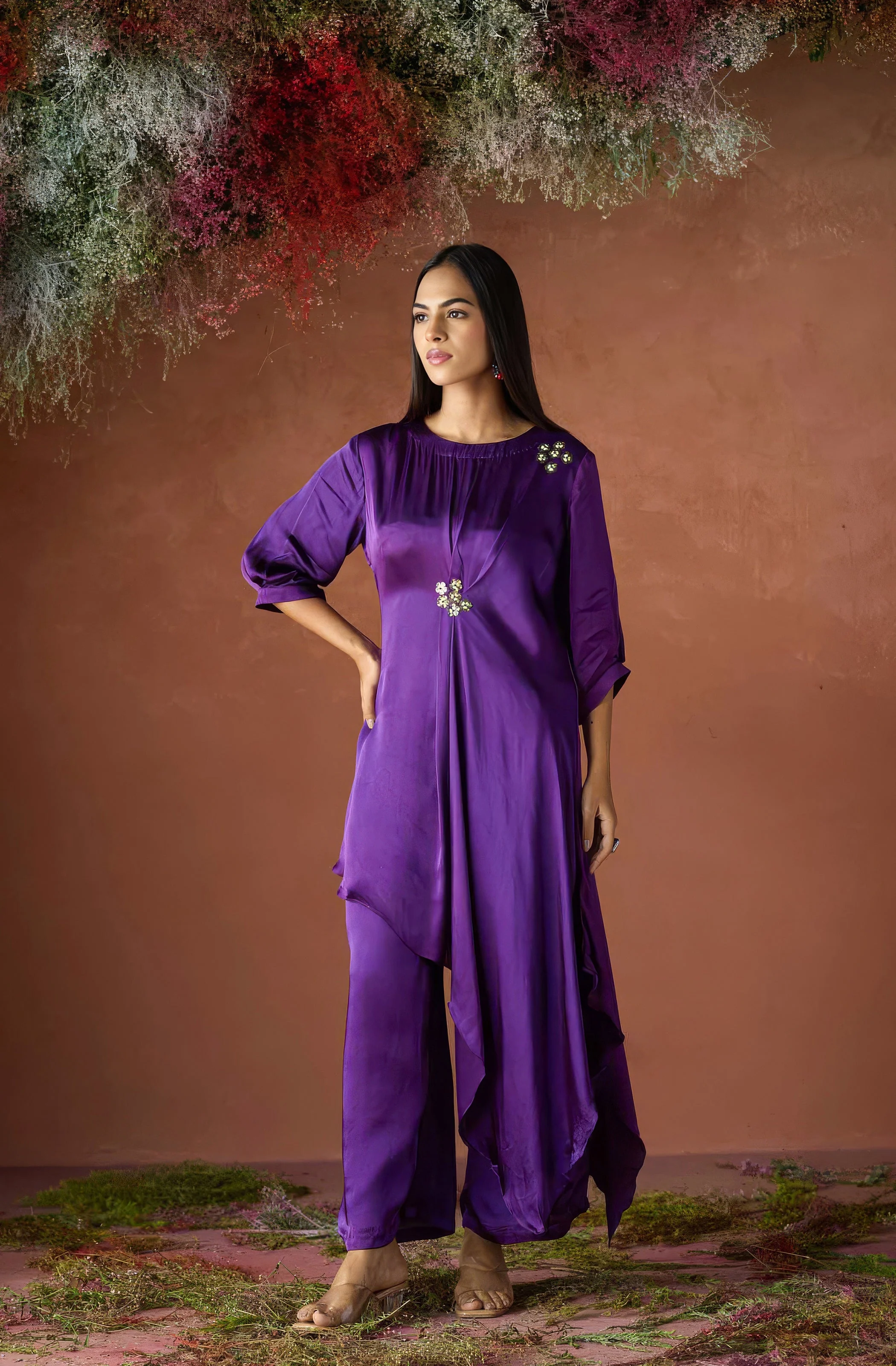 Velvet Purple Embellished Satin Silk Kurta Set - Image 5