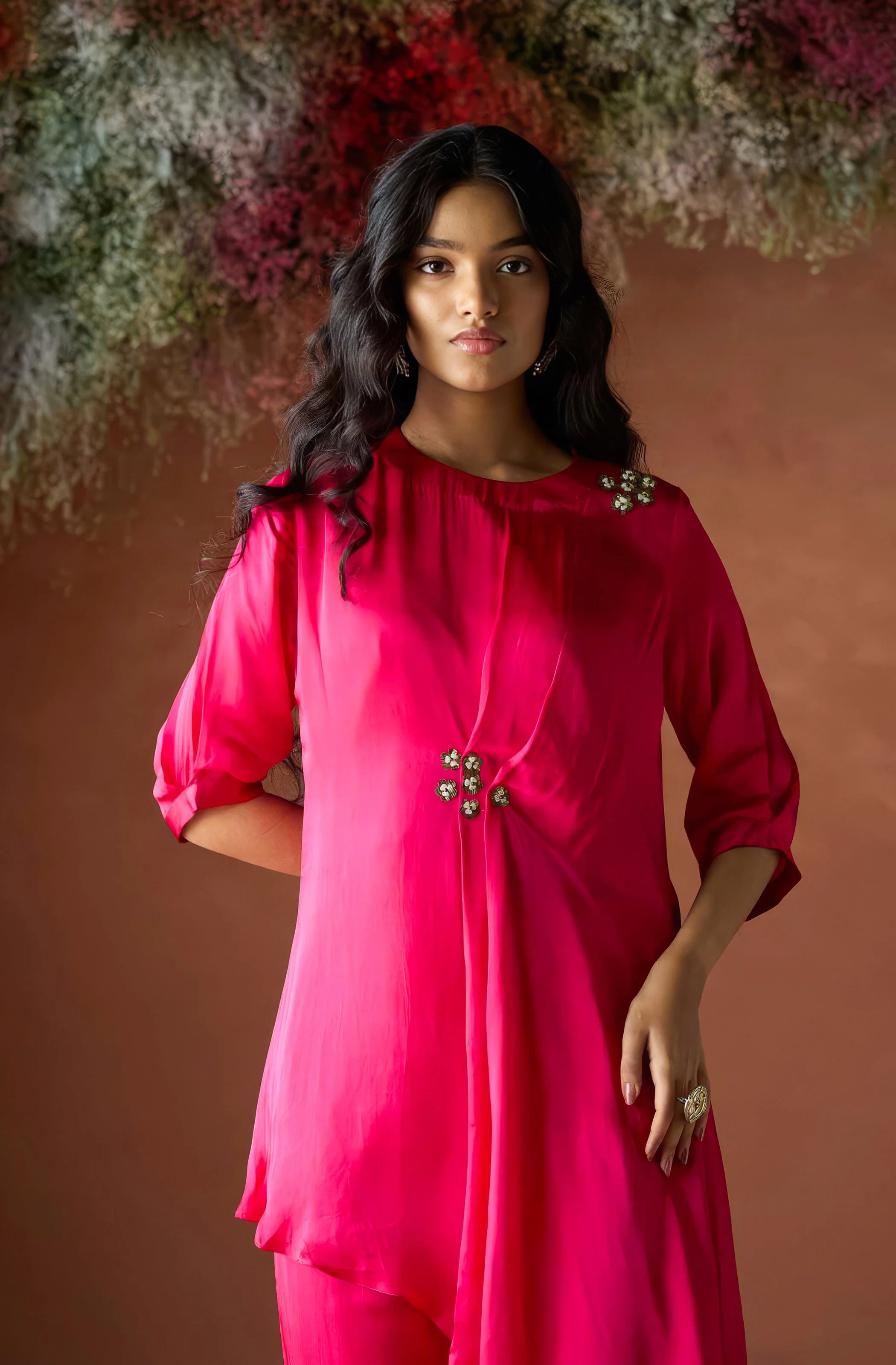 Cherry Pink Embellished Satin Silk Kurta Set - Image 3