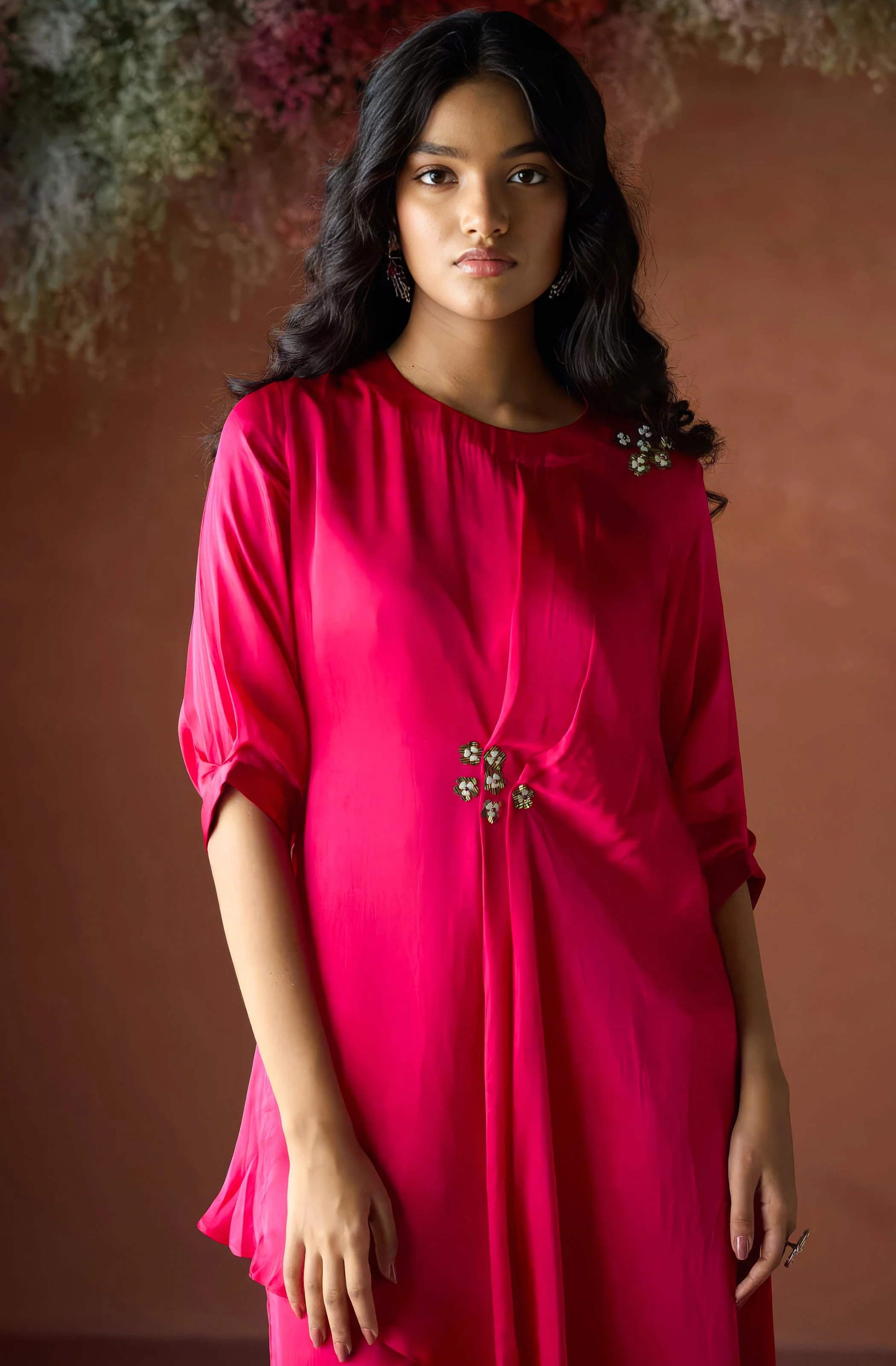 Cherry Pink Embellished Satin Silk Kurta Set - Image 4