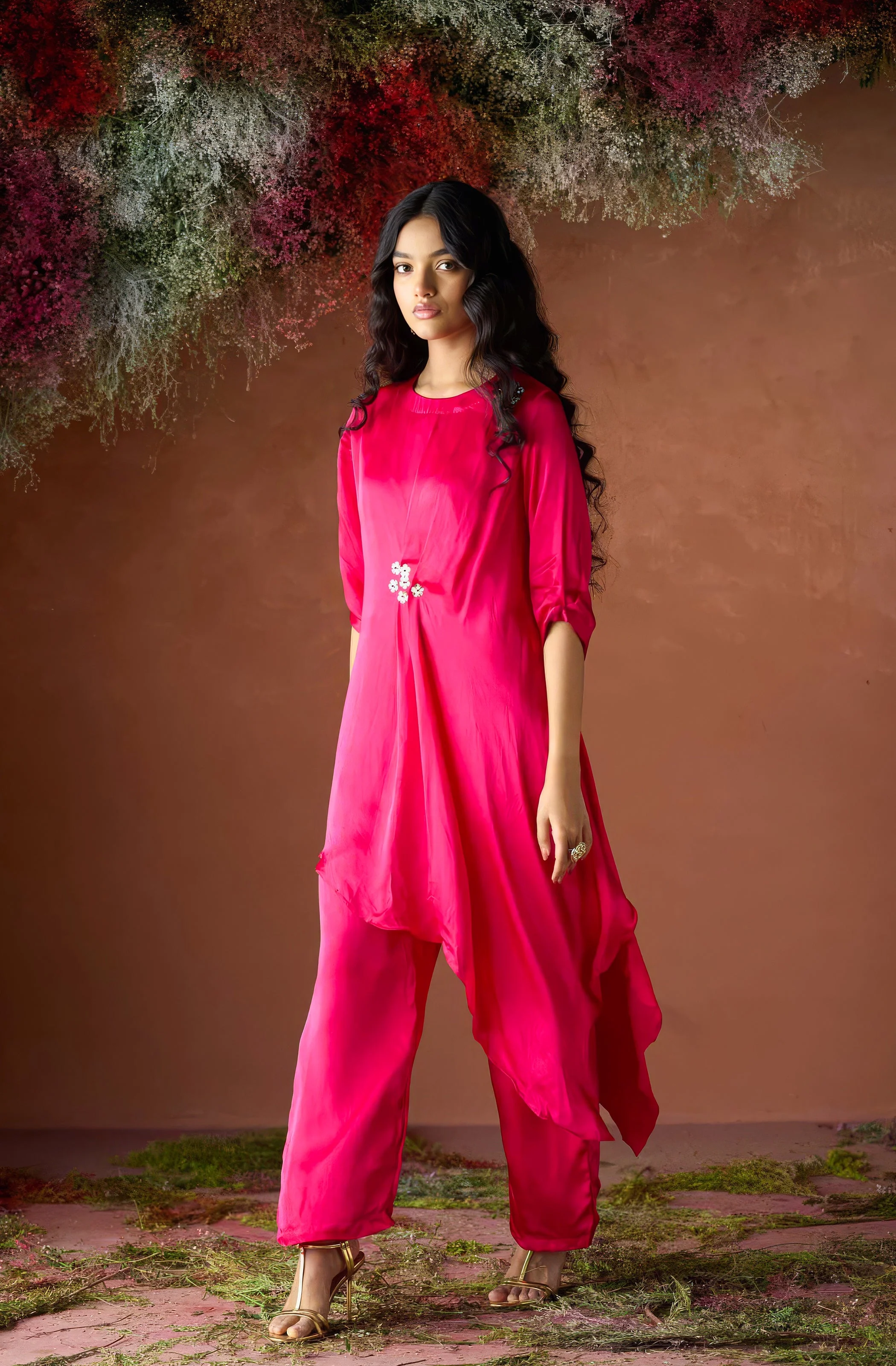 Cherry Pink Embellished Satin Silk Kurta Set - Image 5