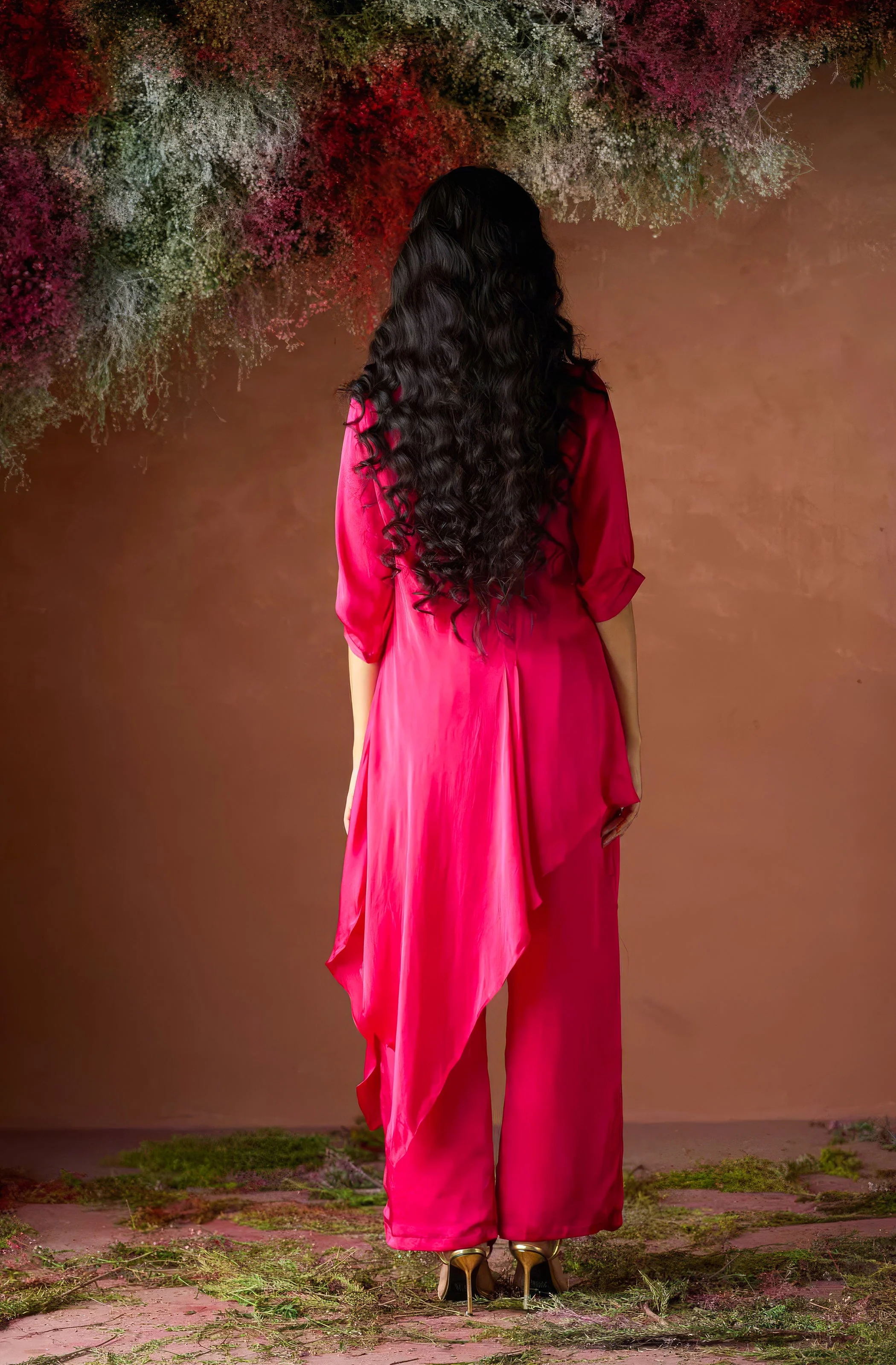 Cherry Pink Embellished Satin Silk Kurta Set - Image 6