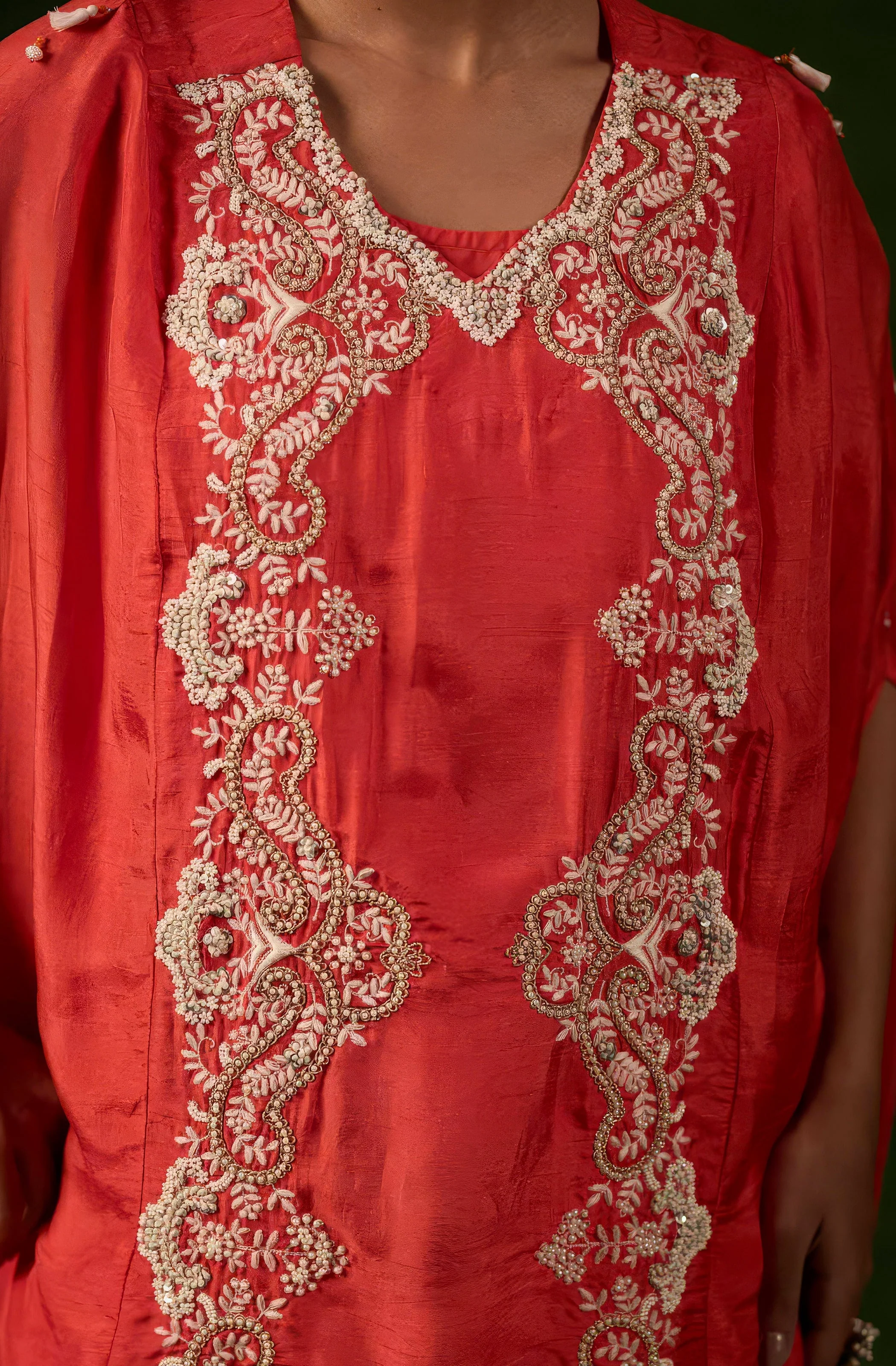 vermilion orange Embellished Raw Silk Kaftan Set - Image 2