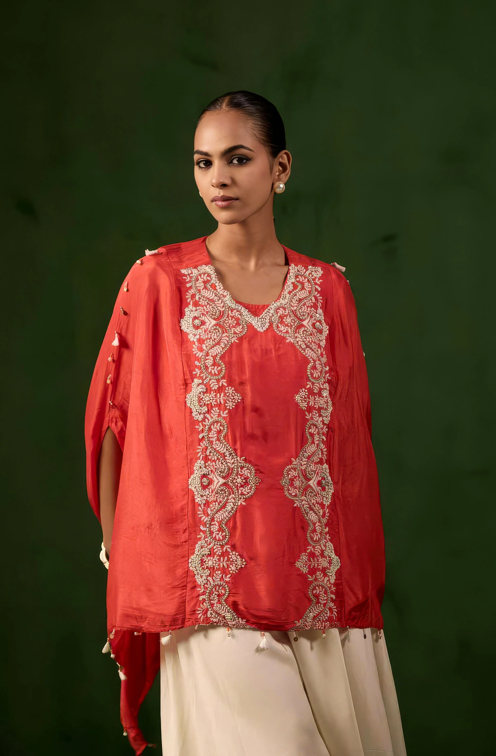 vermilion orange Embellished Raw Silk Kaftan Set - Image 3