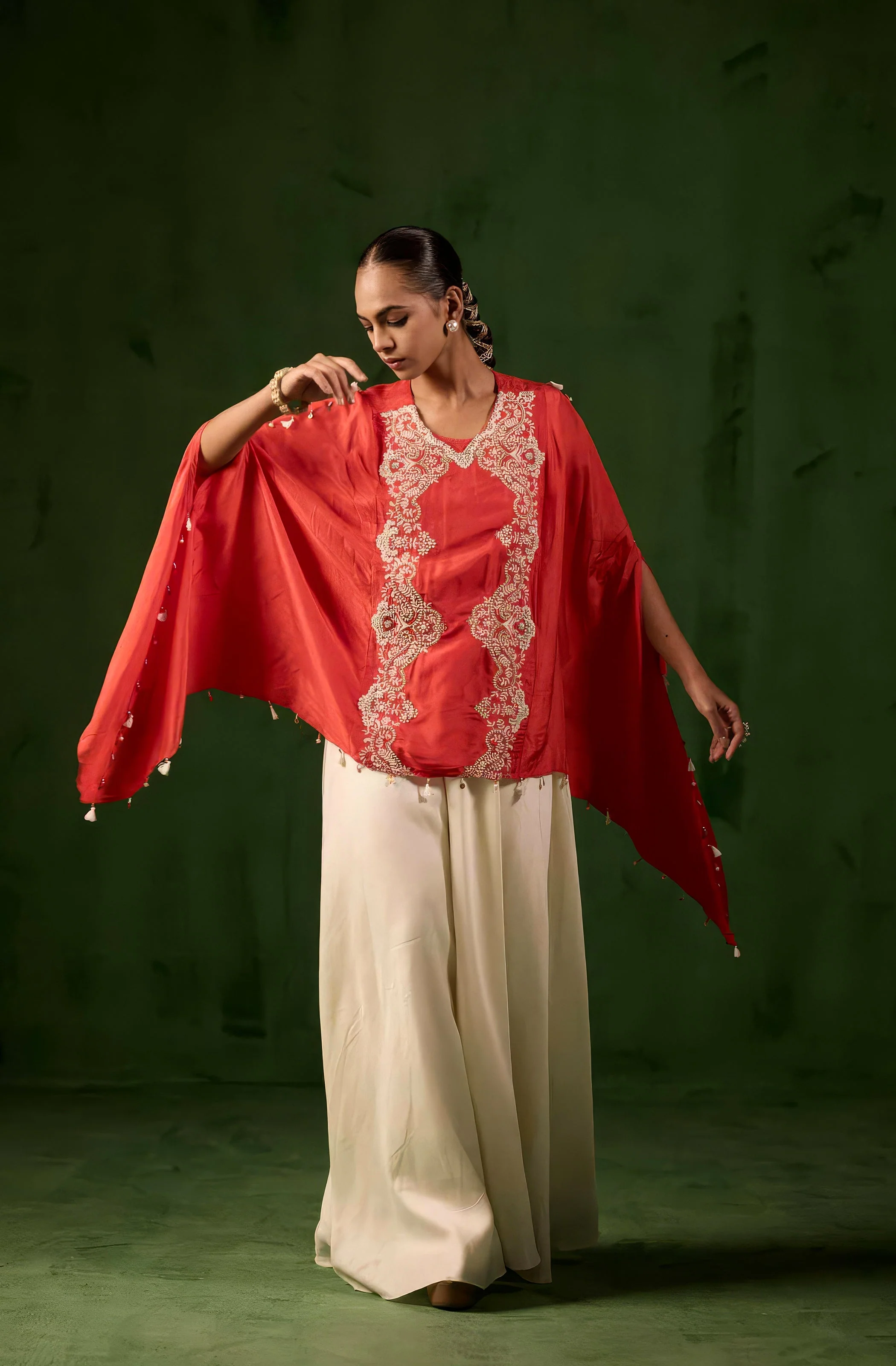vermilion orange Embellished Raw Silk Kaftan Set - Image 4