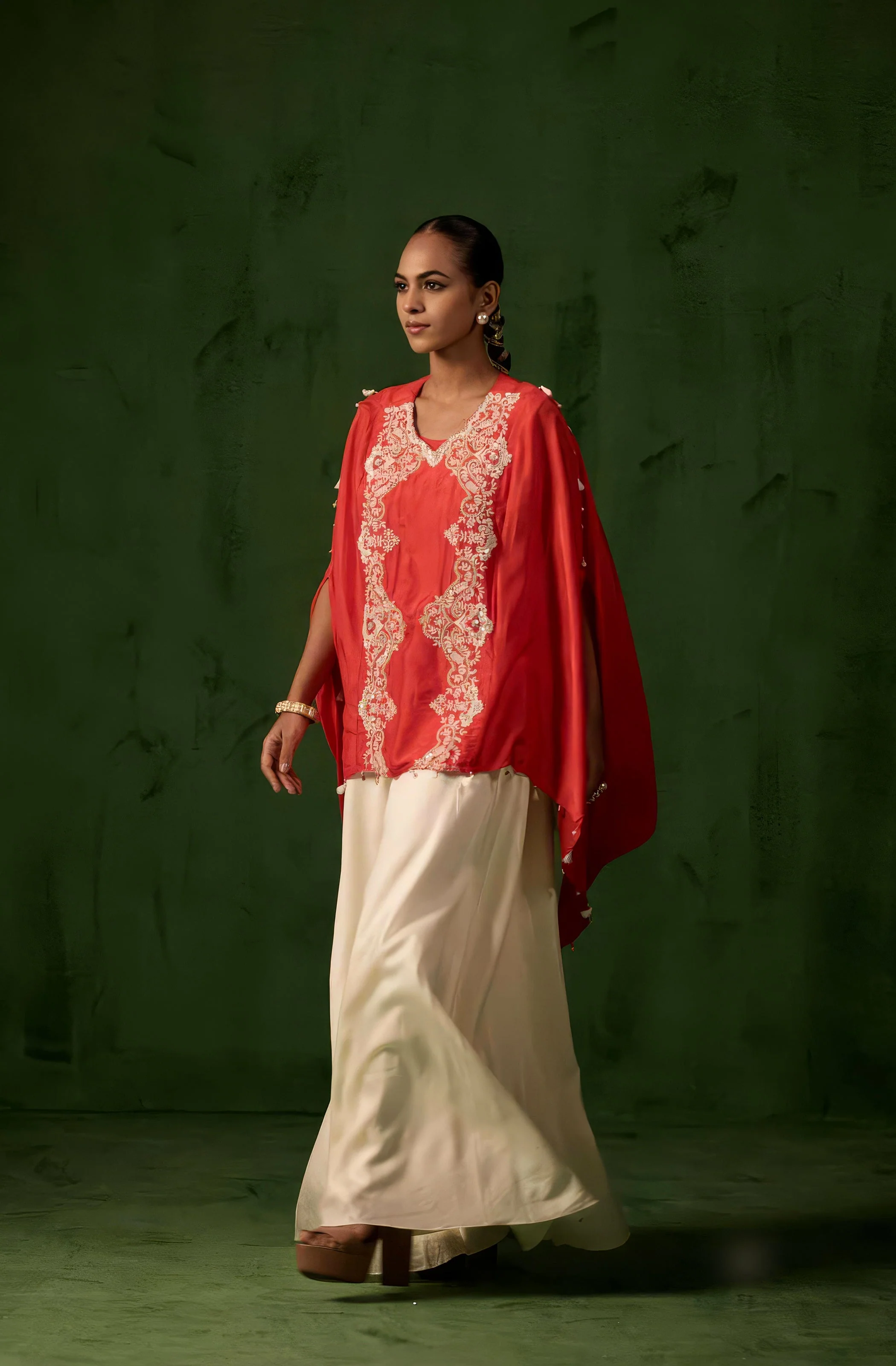 vermilion orange Embellished Raw Silk Kaftan Set - Image 5