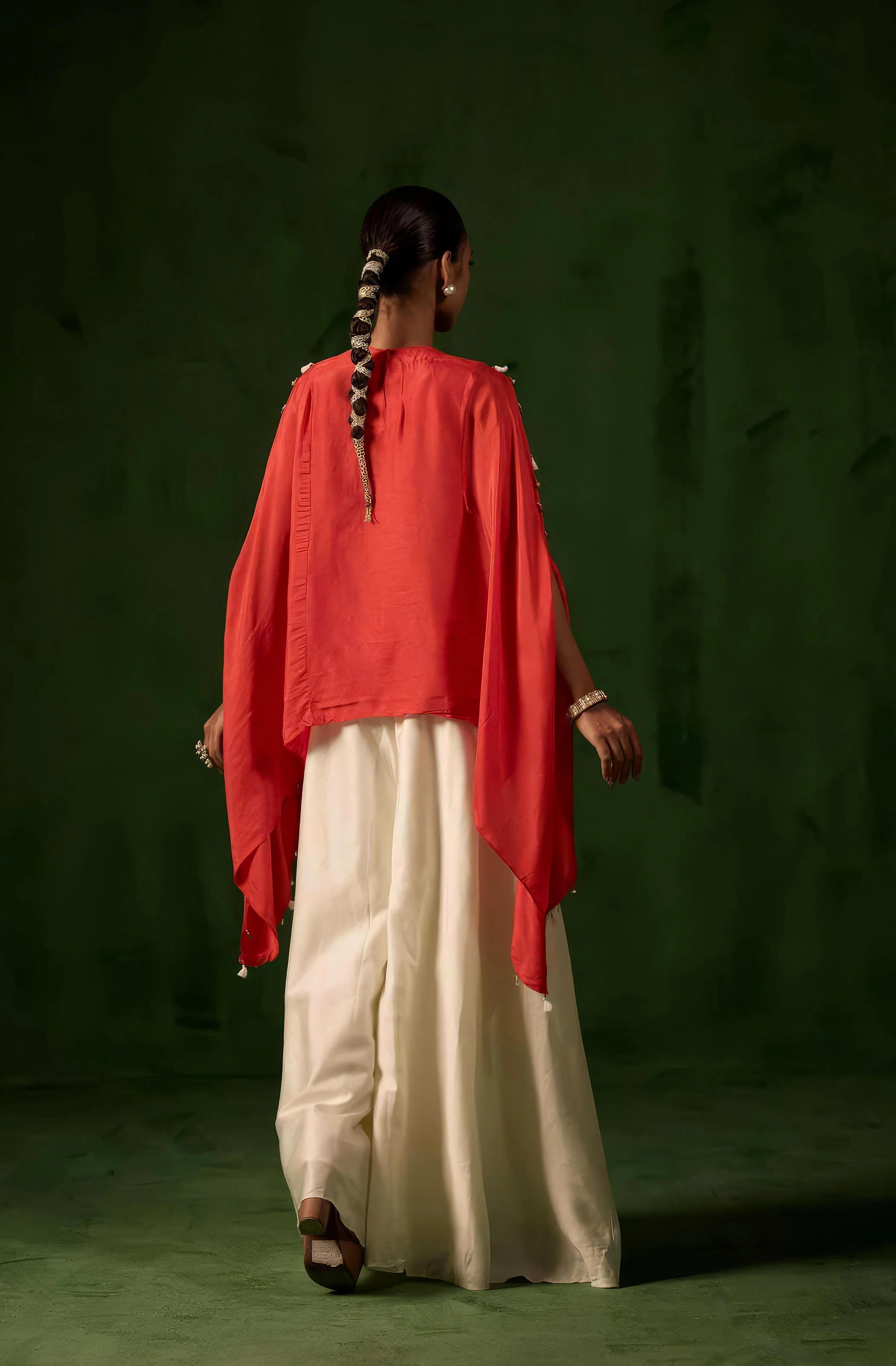 vermilion orange Embellished Raw Silk Kaftan Set - Image 6