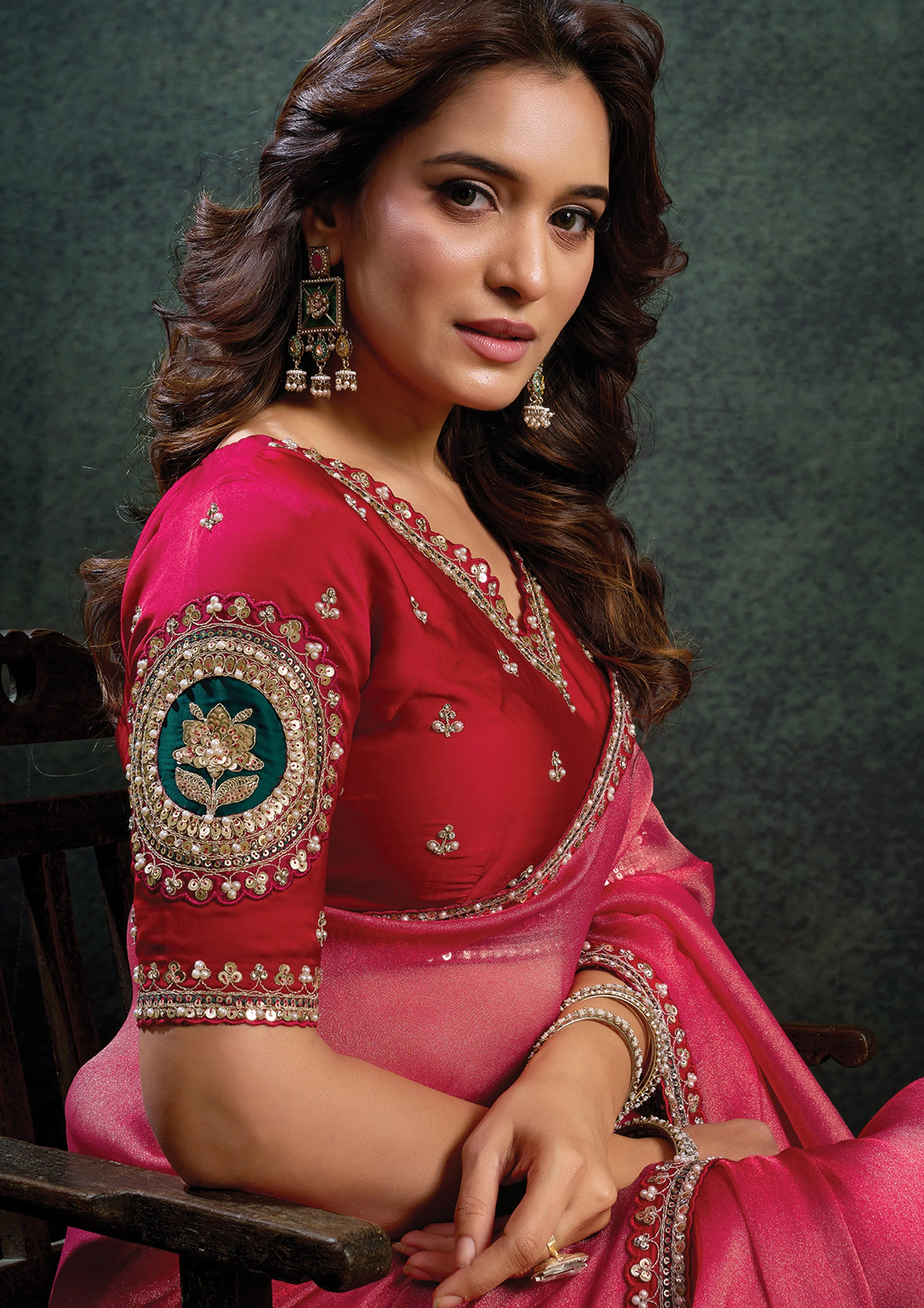 Vermilion Red Embellished Organza Silk Saree - Image 2