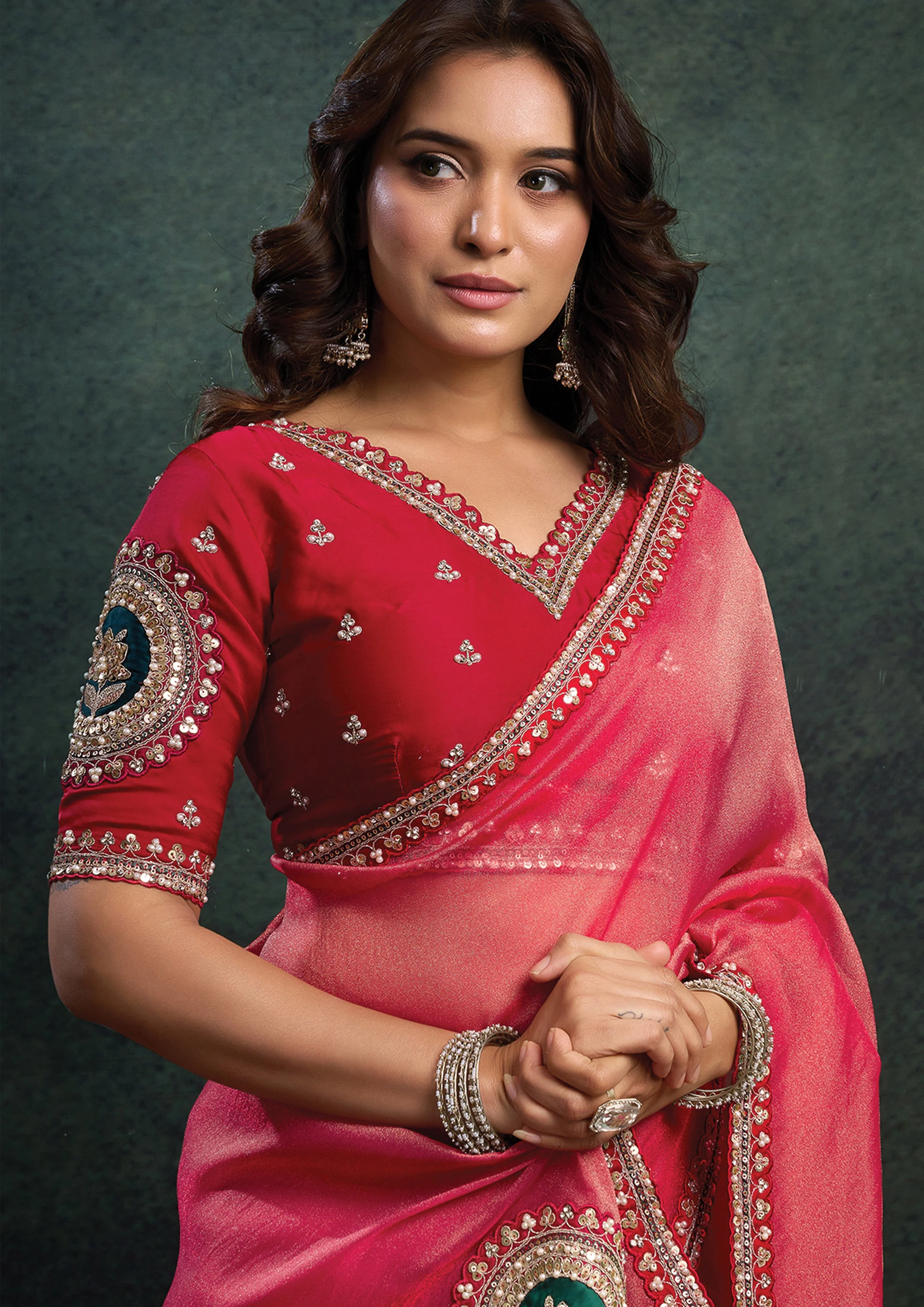 Vermilion Red Embellished Organza Silk Saree - Image 3