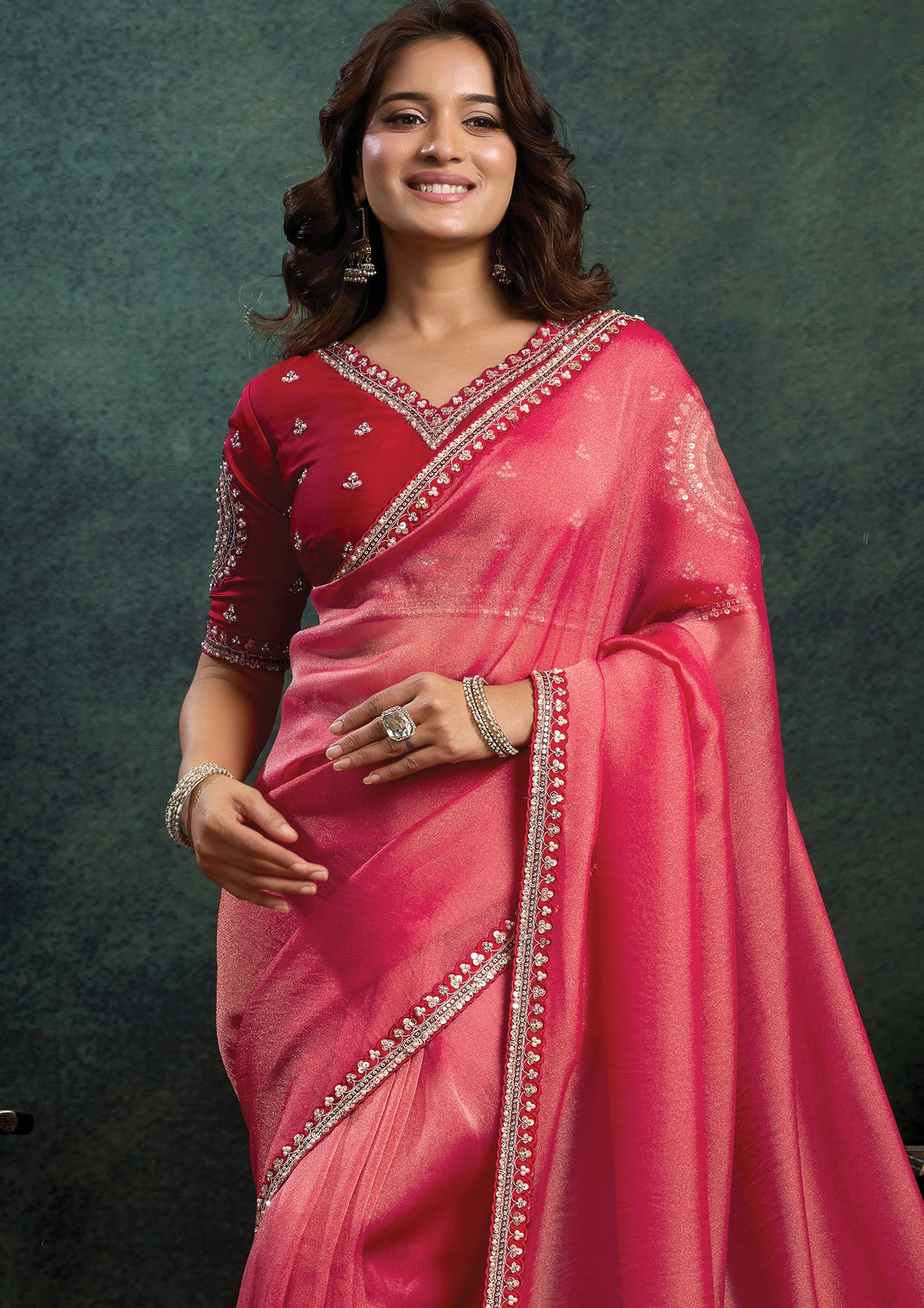 Vermilion Red Embellished Organza Silk Saree - Image 4