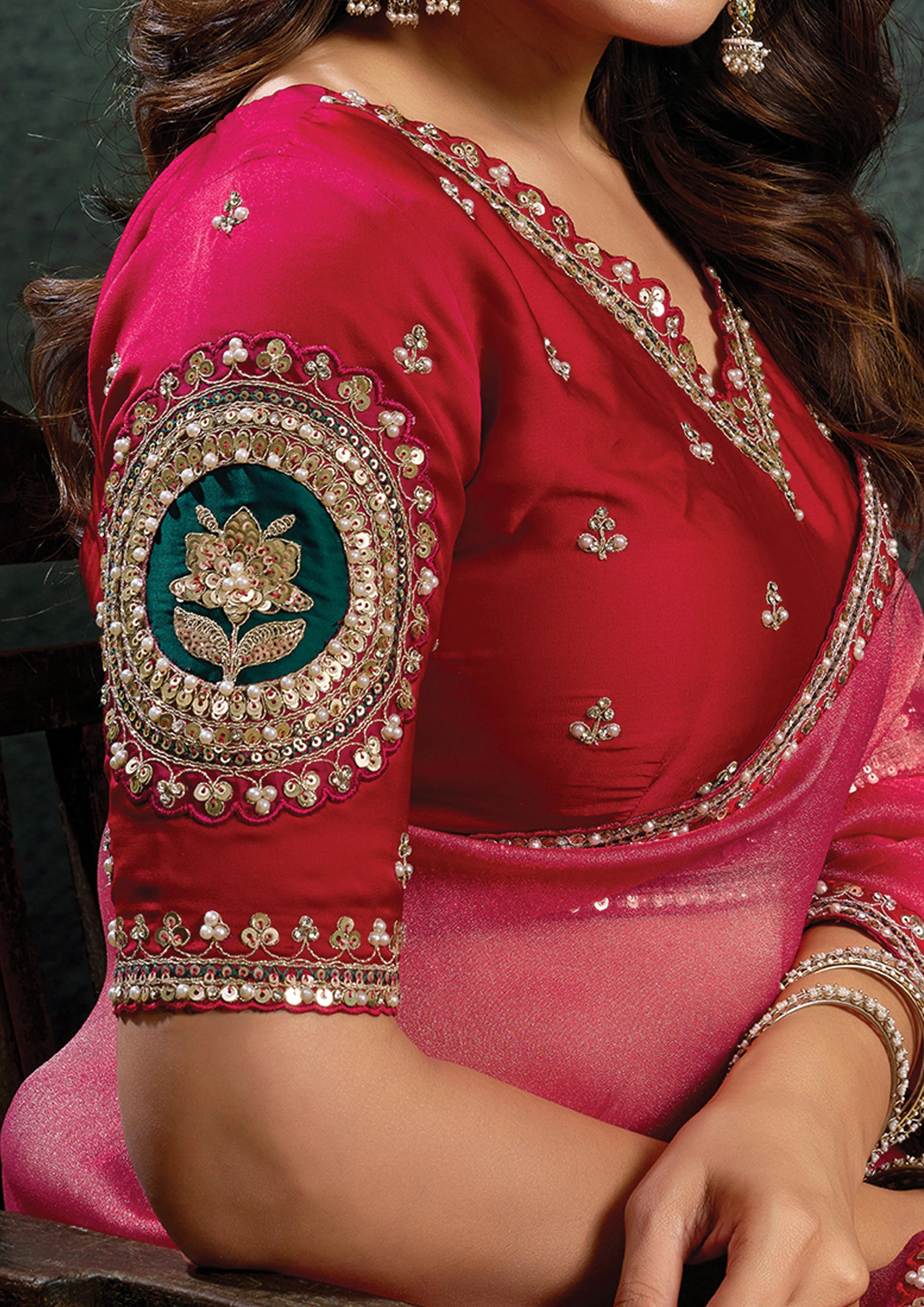 Vermilion Red Embellished Organza Silk Saree - Image 5
