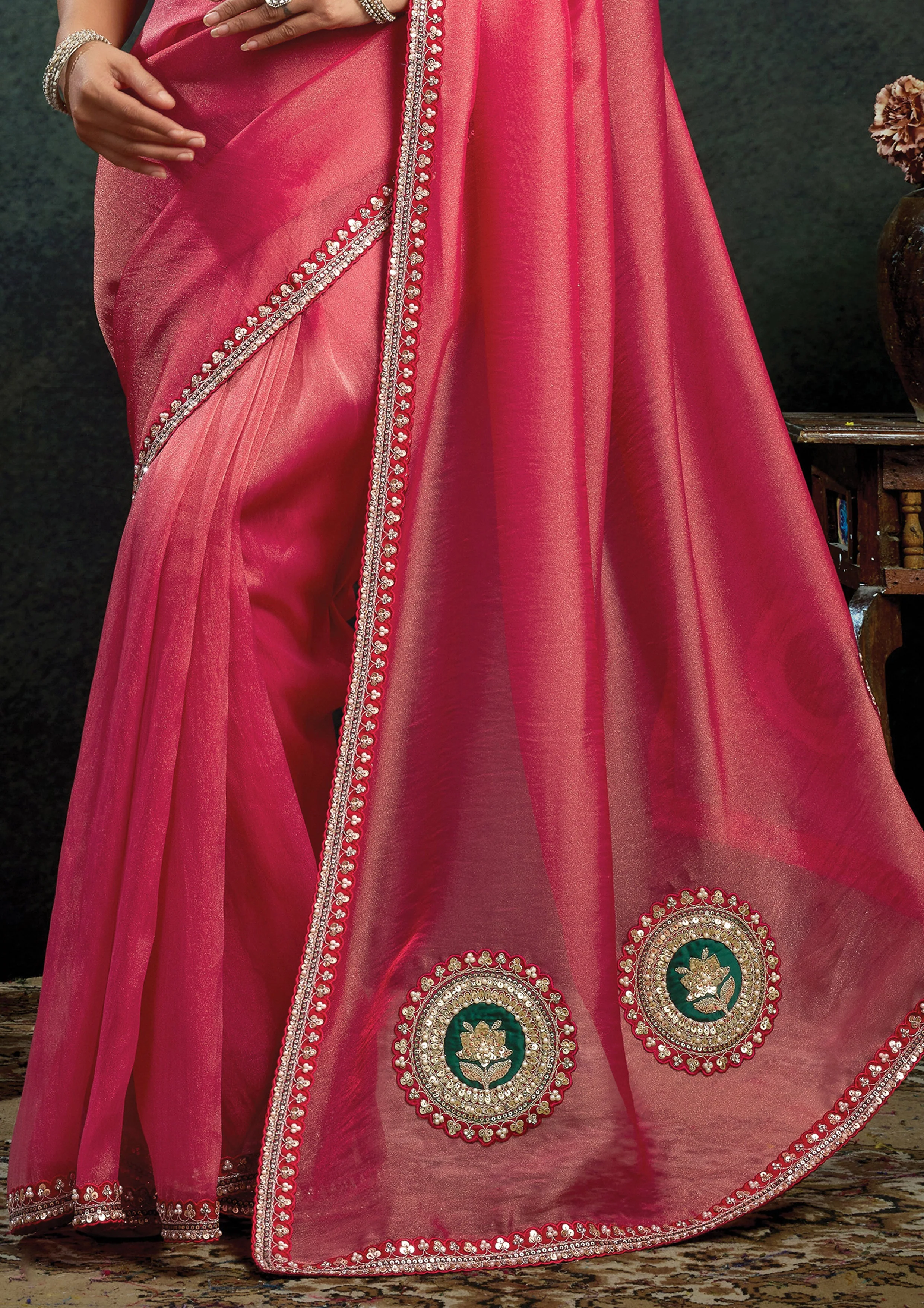 Vermilion Red Embellished Organza Silk Saree - Image 6