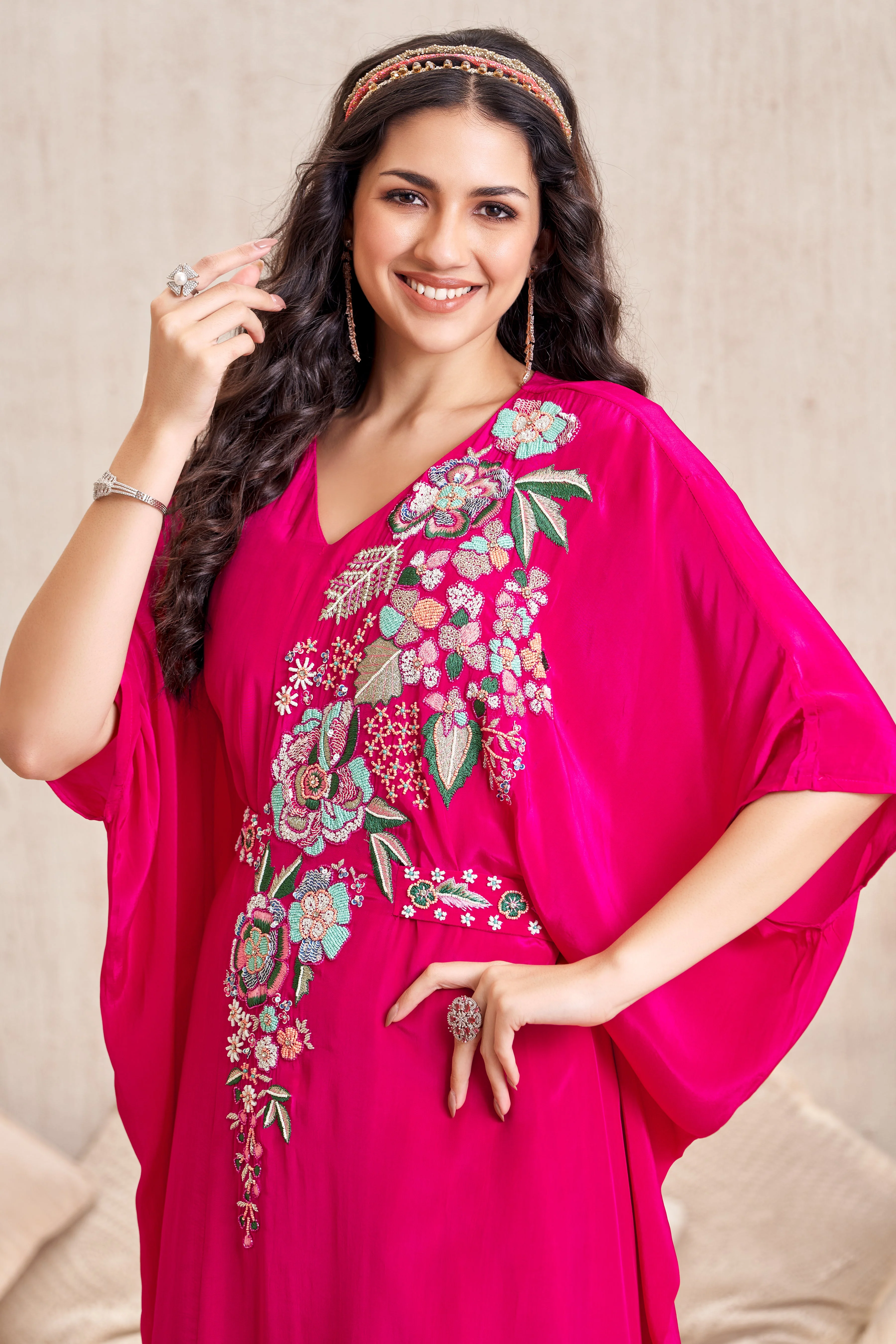 Vibrant Fuchsia Embellished Chinon Silk Kaftan Set - Image 2