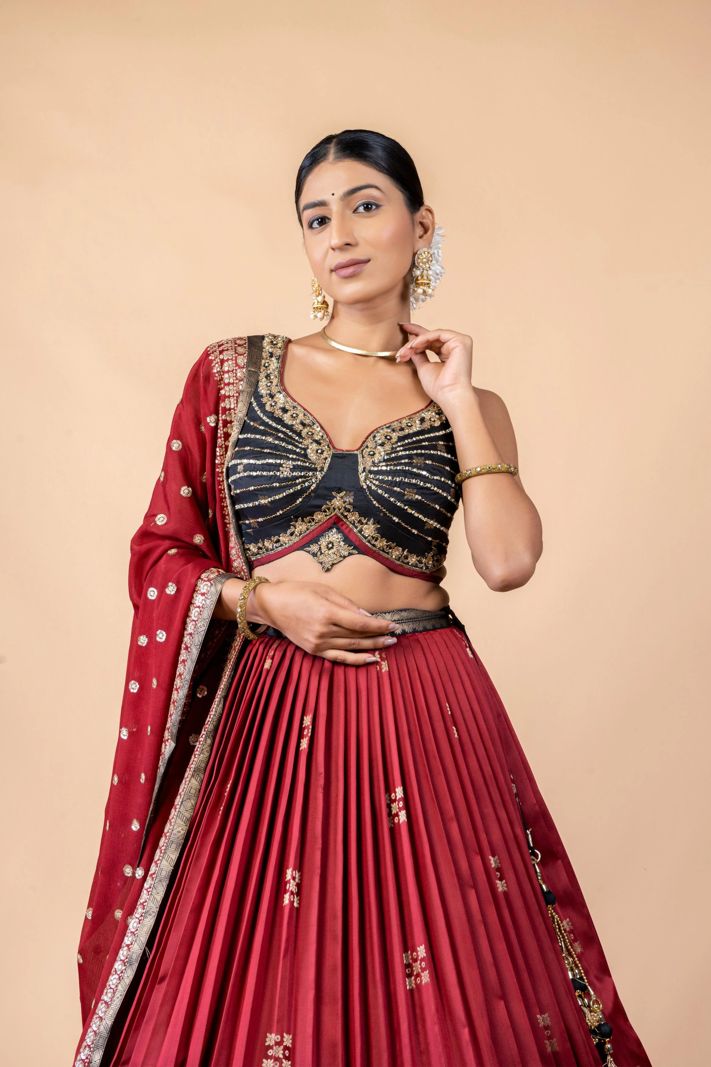 Wine-Red Embellished Premium Silk Lehanga Set - Image 2