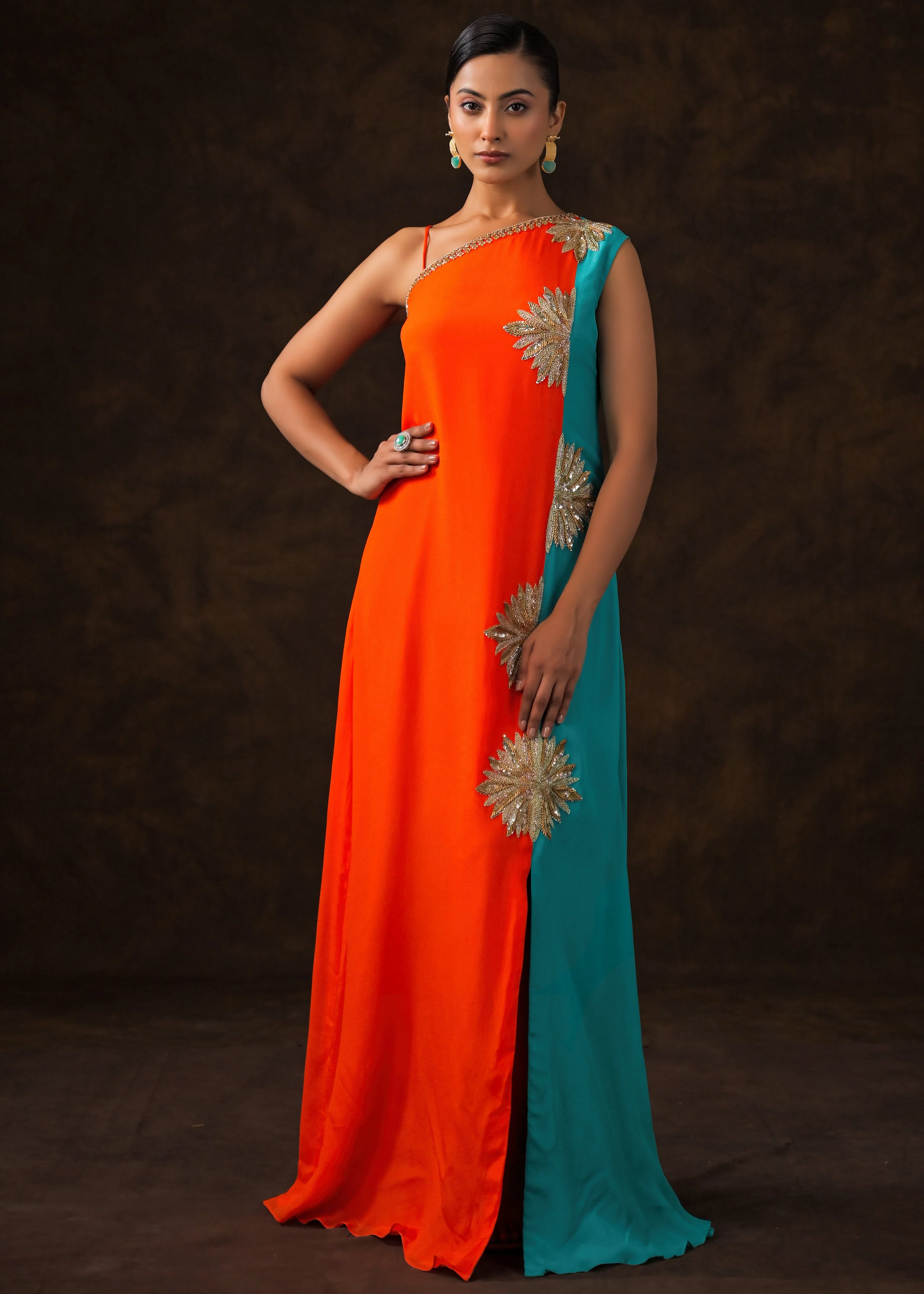 Vibrant Orange Embellished Chinon Silk Dress