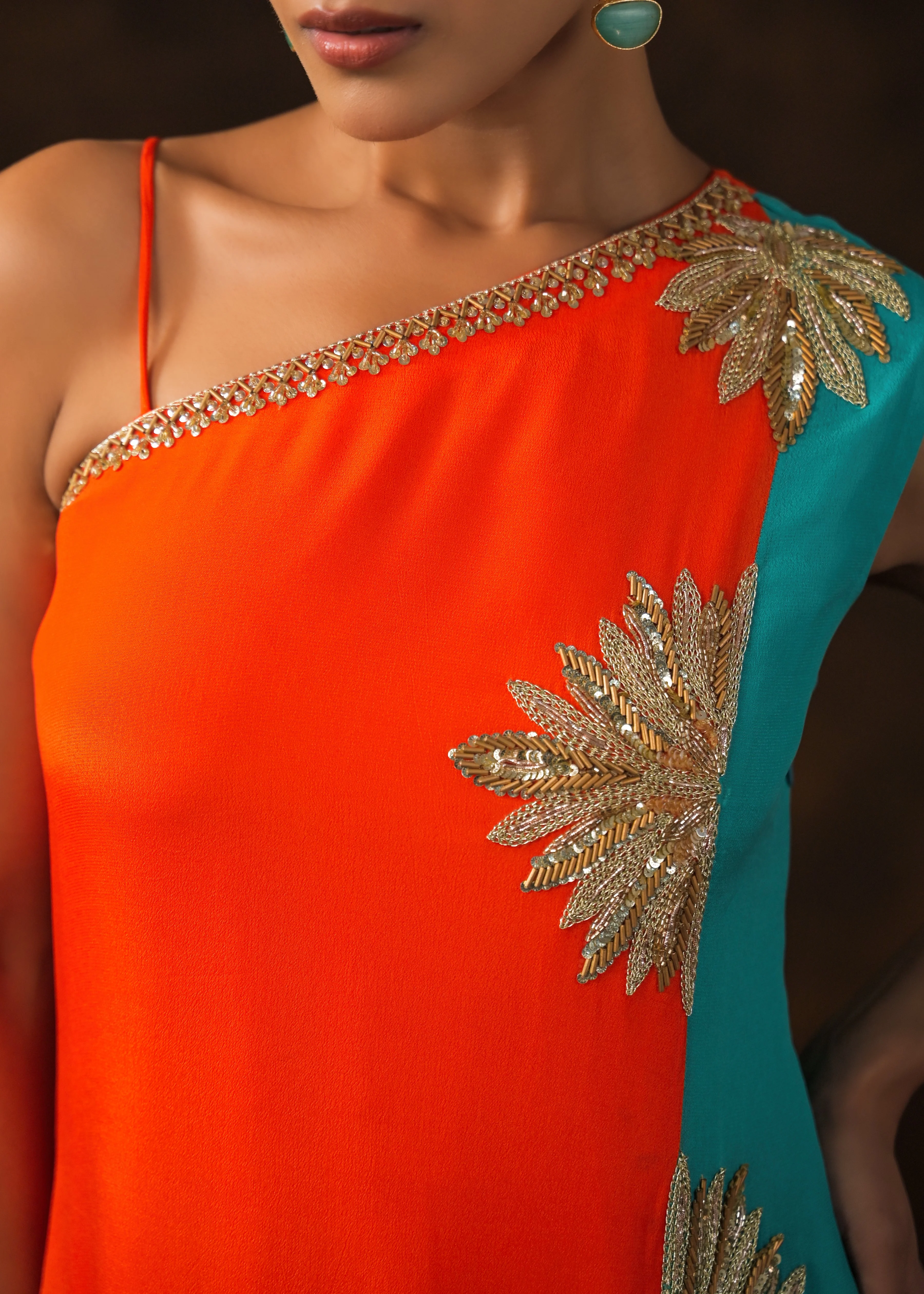 Vibrant Orange Embellished Chinon Silk Dress - Image 2