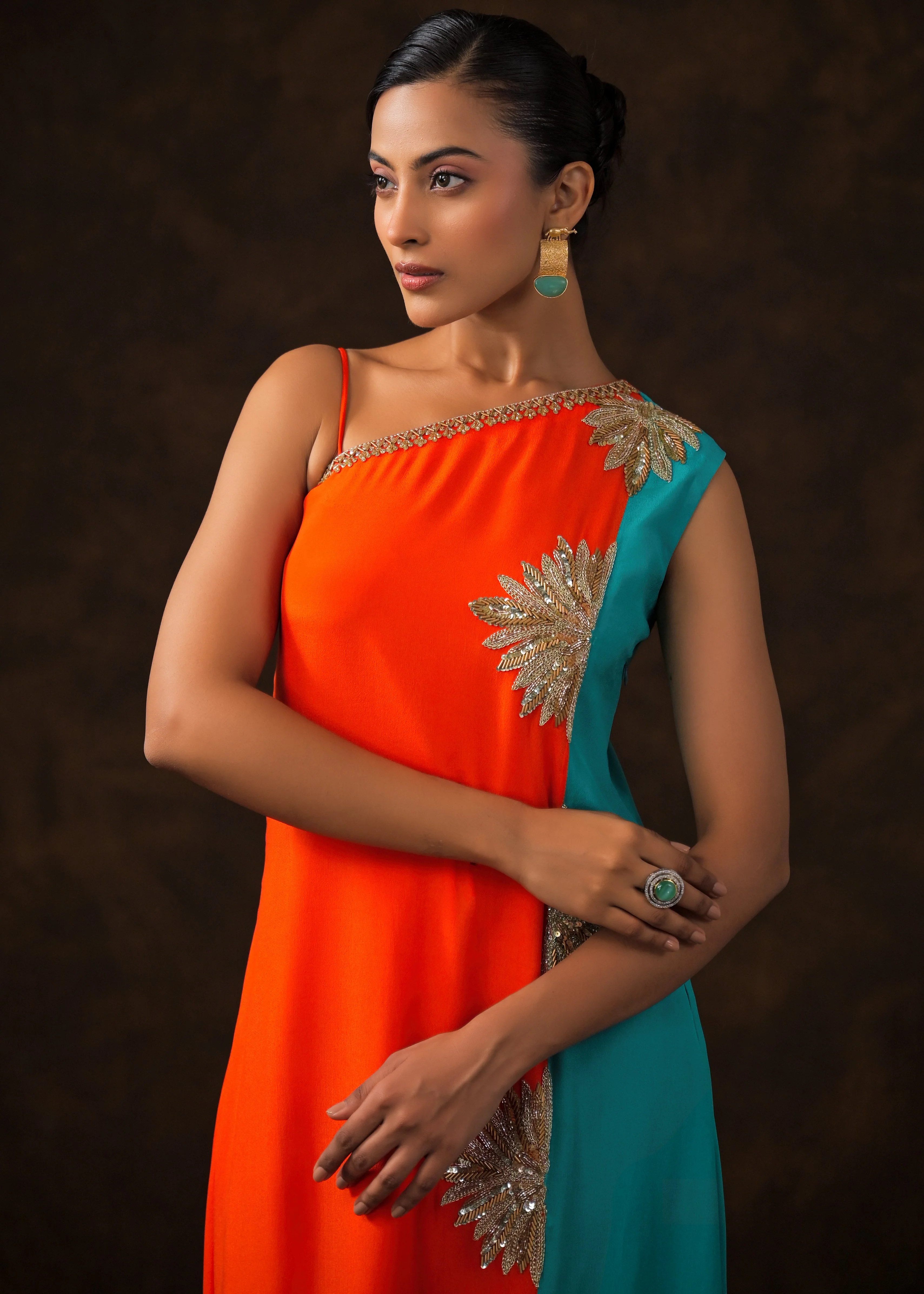 Vibrant Orange Embellished Chinon Silk Dress - Image 3