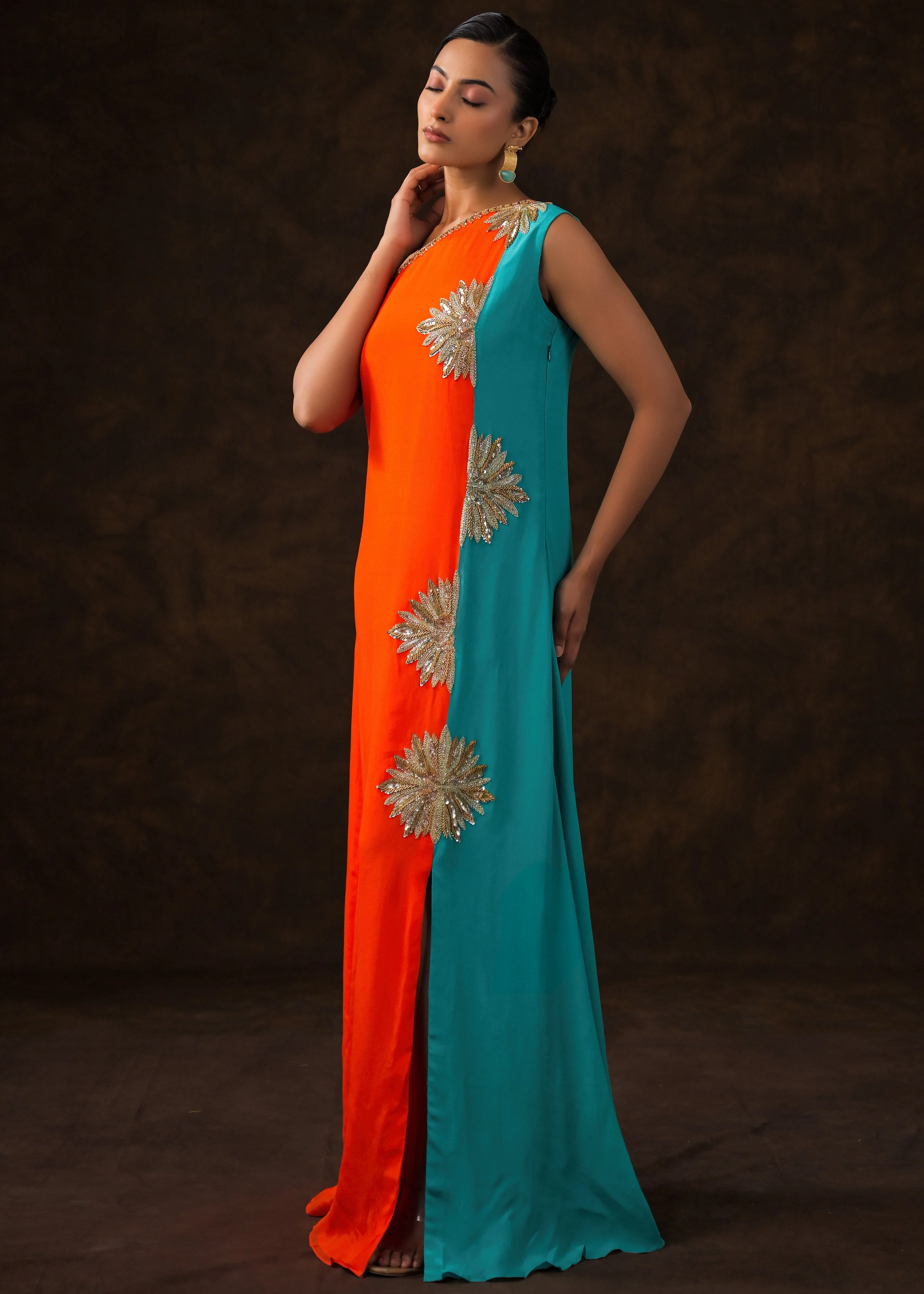 Vibrant Orange Embellished Chinon Silk Dress - Image 4