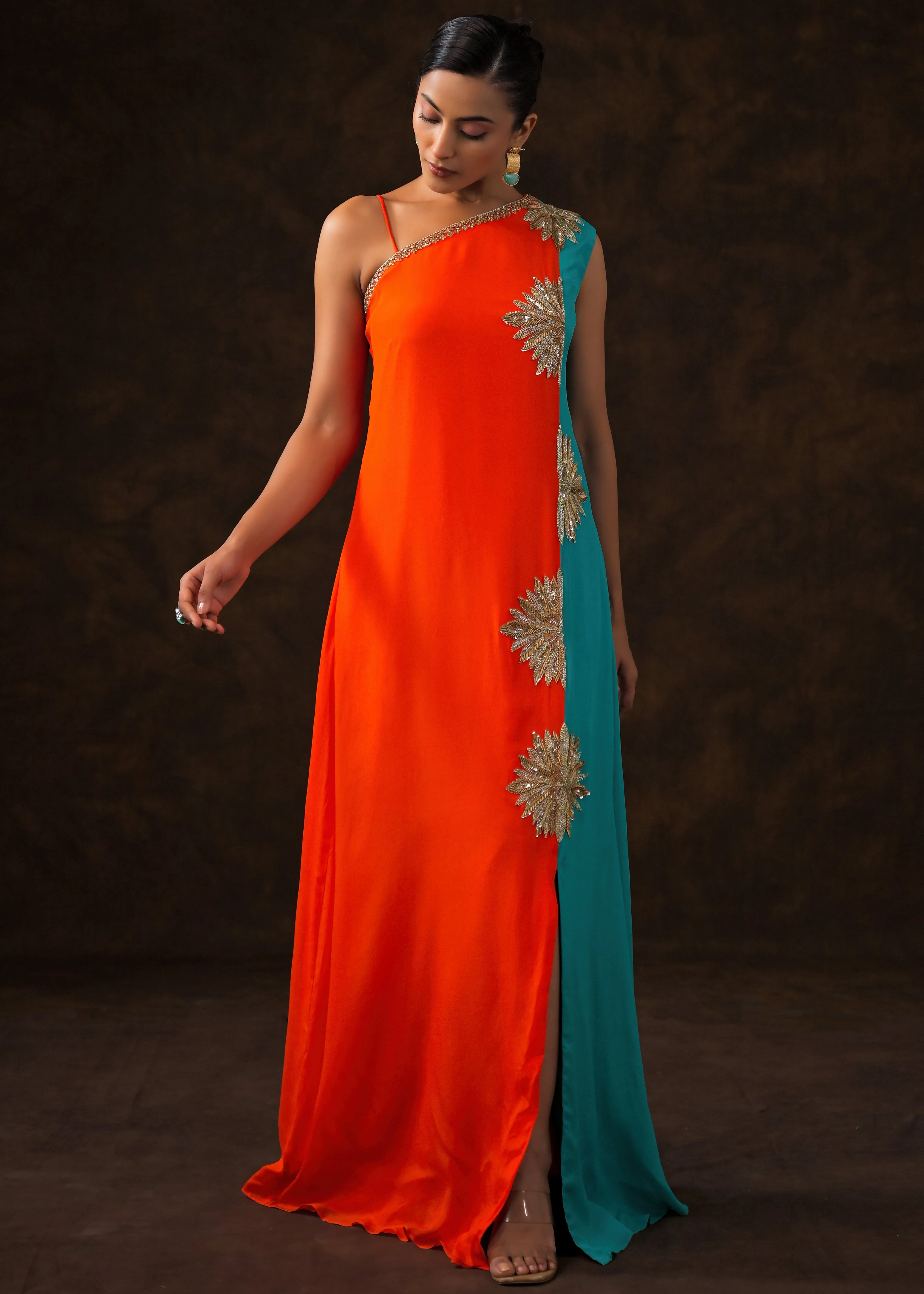 Vibrant Orange Embellished Chinon Silk Dress - Image 5