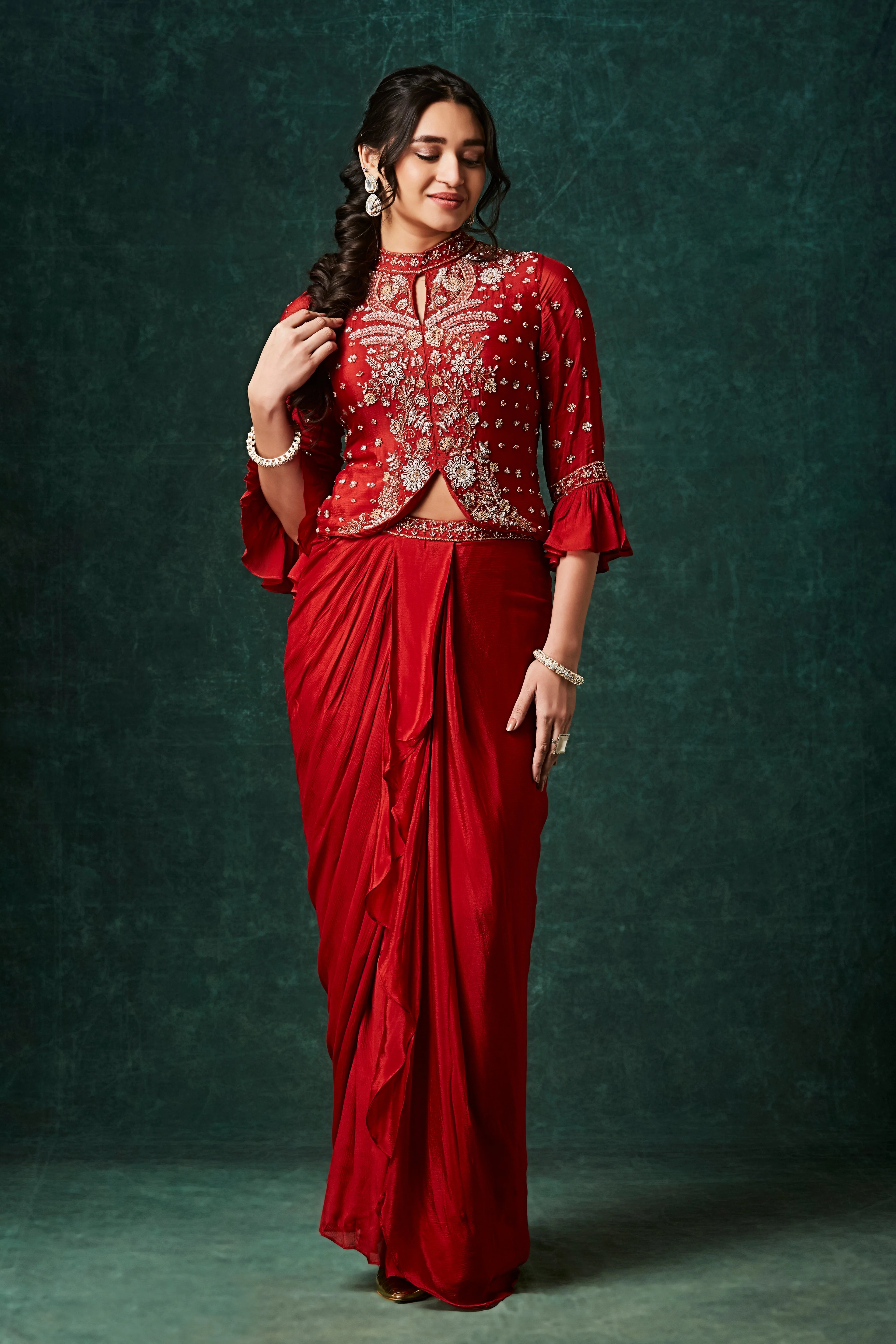 Vibrant Orange Embellished Chinon Silk Skirt Set