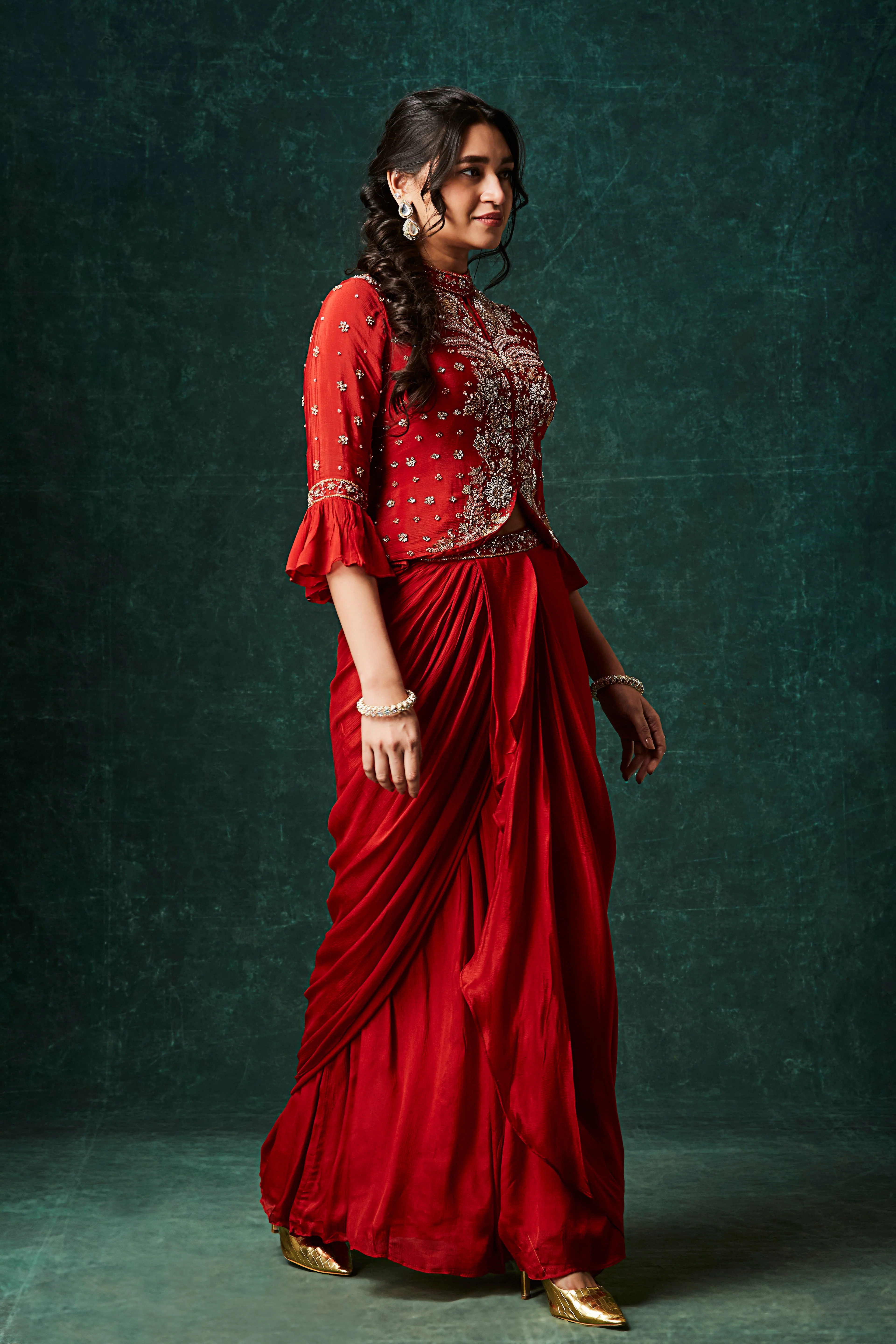 Vibrant Orange Embellished Chinon Silk Skirt Set - Image 3