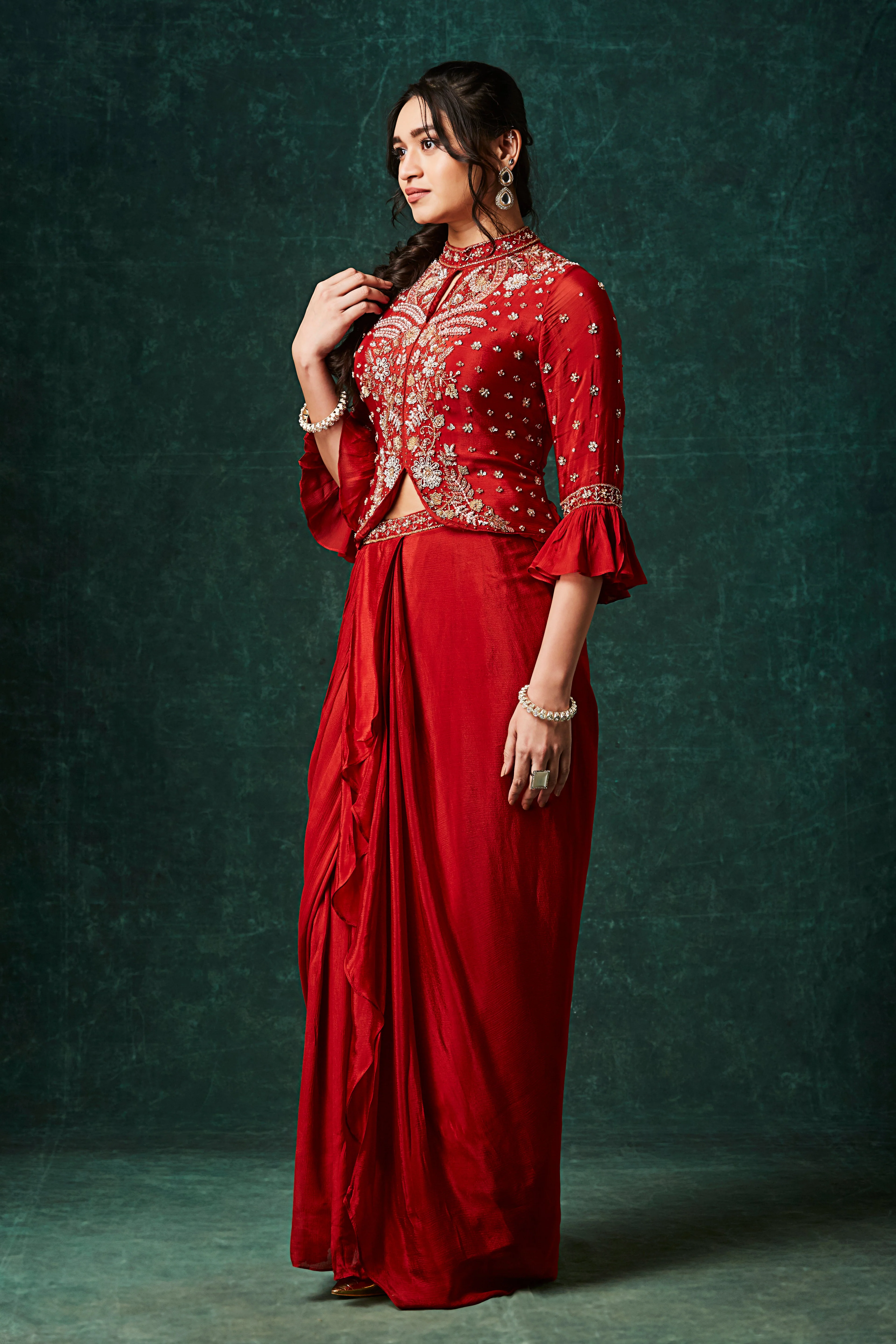 Vibrant Orange Embellished Chinon Silk Skirt Set - Image 4