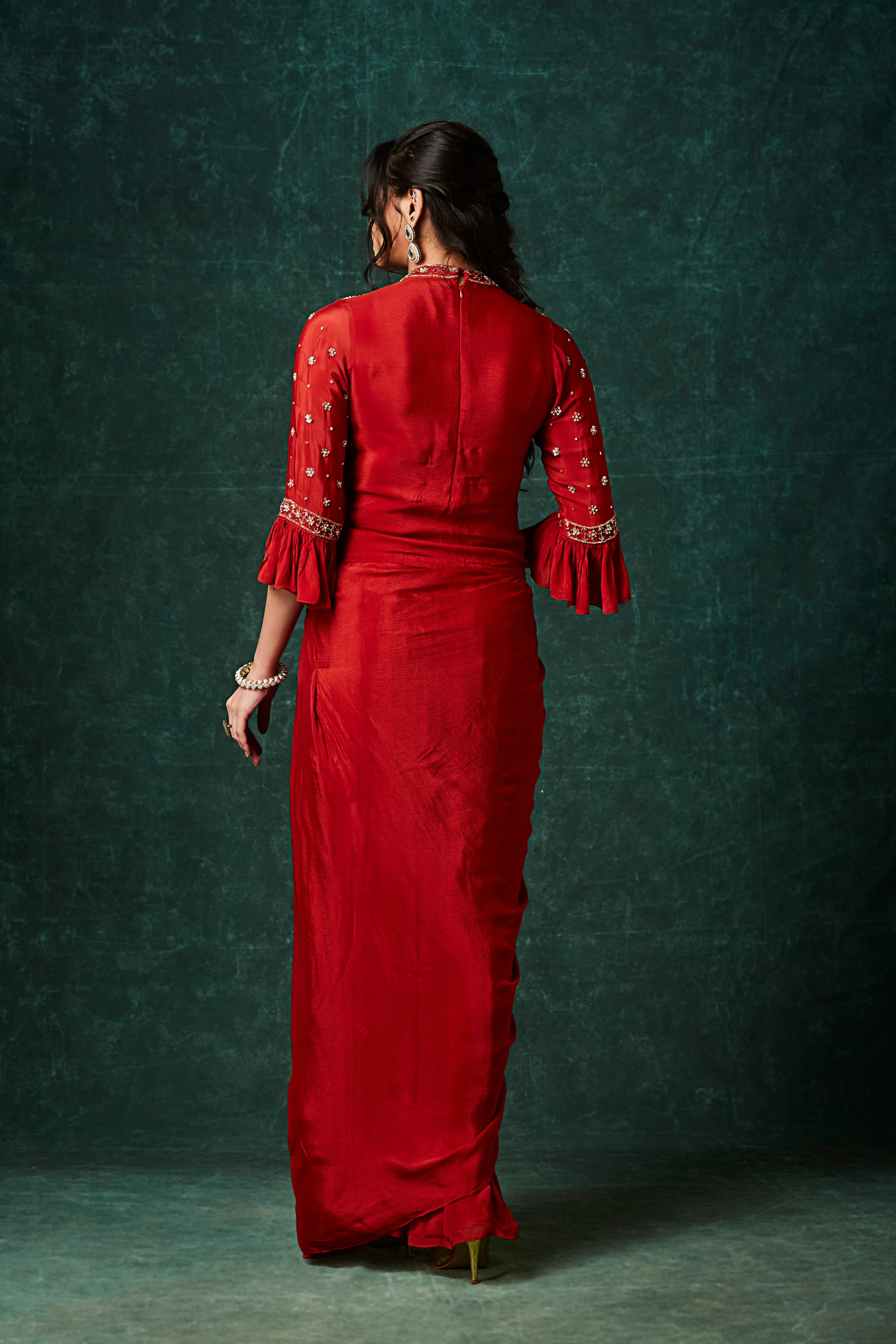 Vibrant Orange Embellished Chinon Silk Skirt Set - Image 5