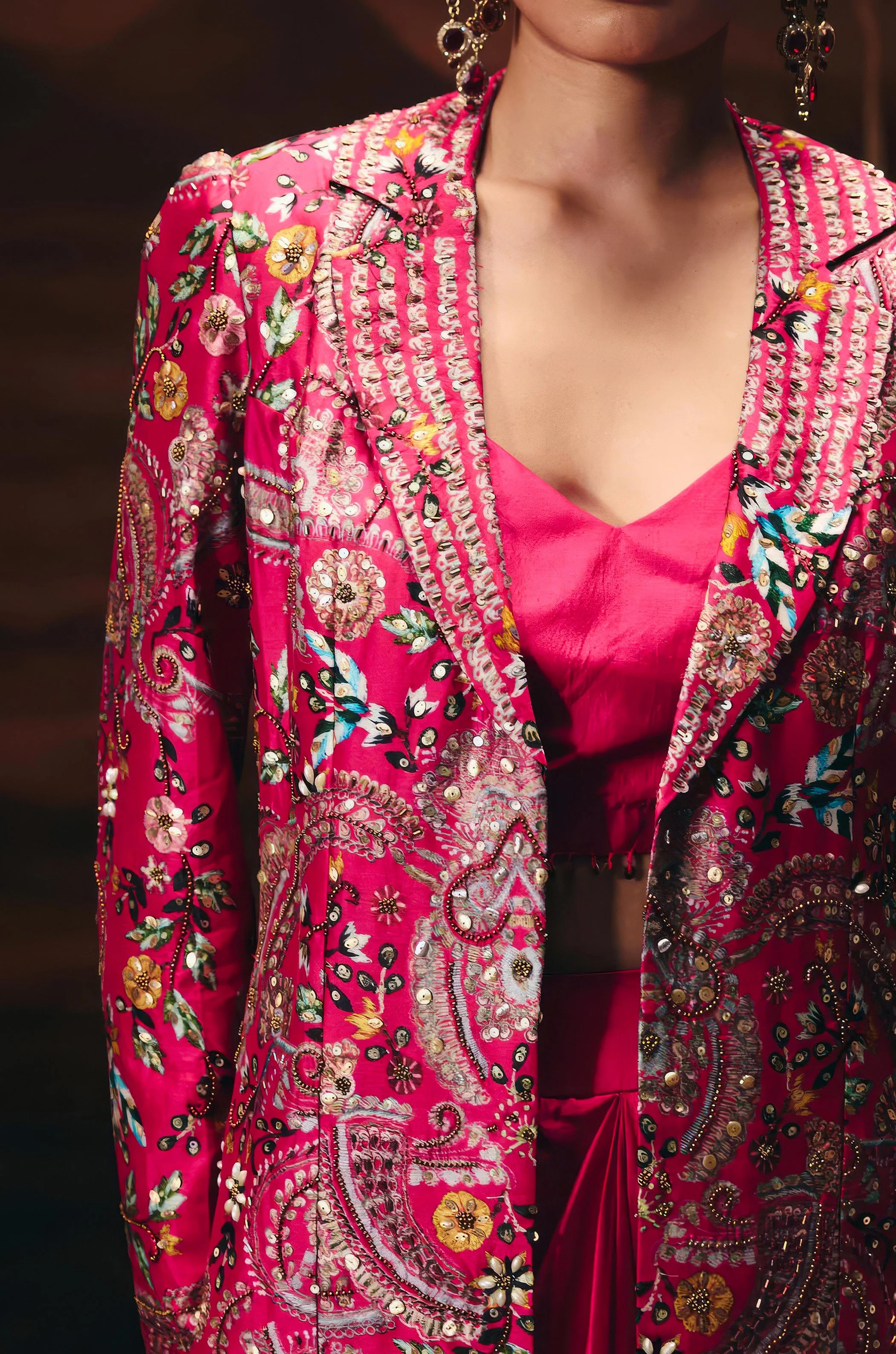 Vibrant Pink Embellished Chinon Silk Skirt Set - Image 2